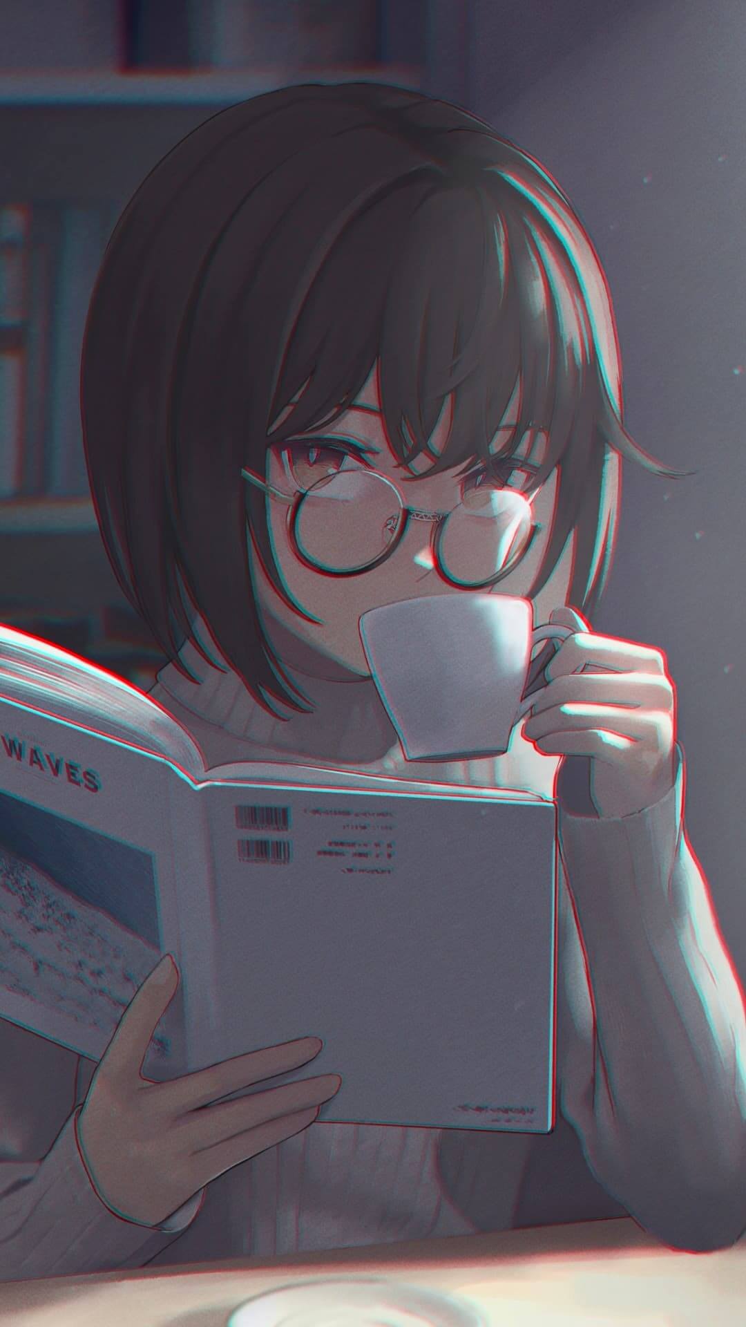 Girl with glasses reading a book and drinking coffee anime wallpaper, 4K