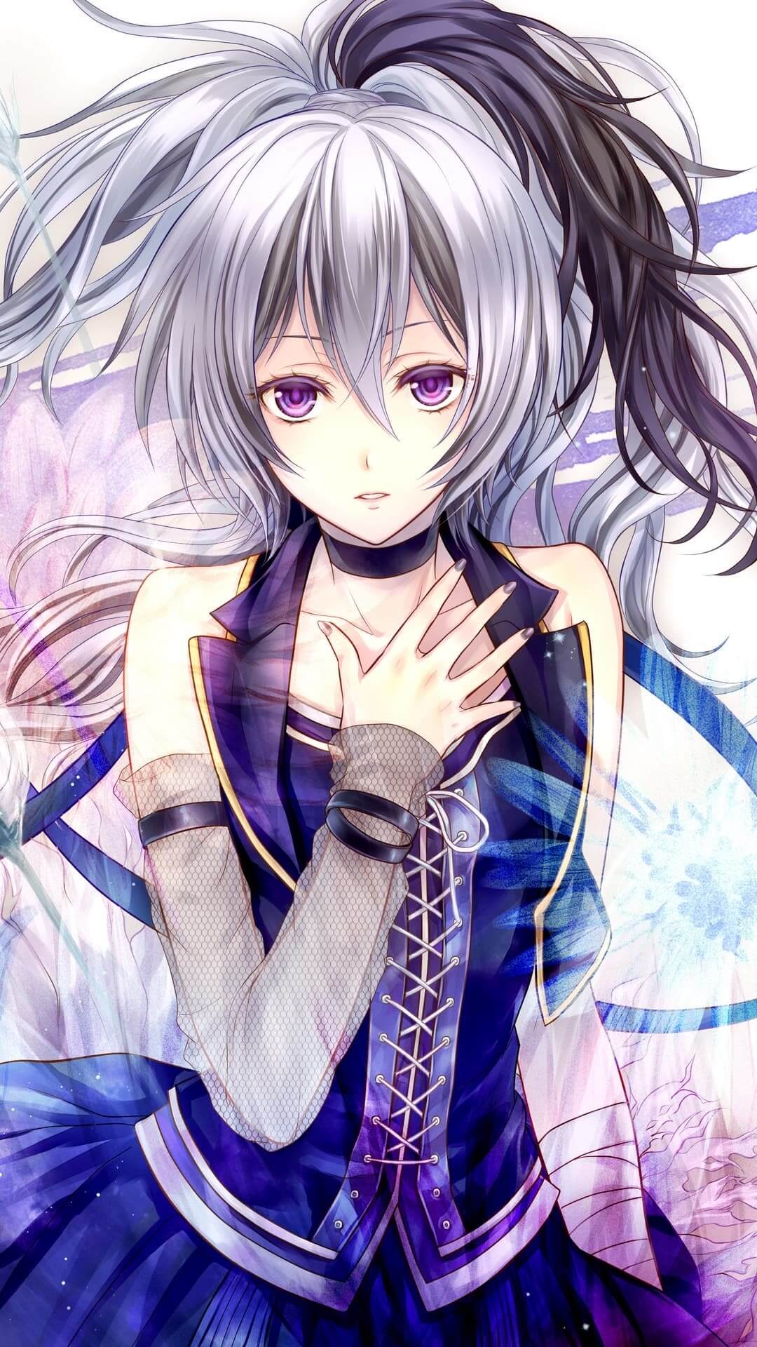 Girl with gray and black hair, purple eyes, and blue dress anime wallpaper, 4K