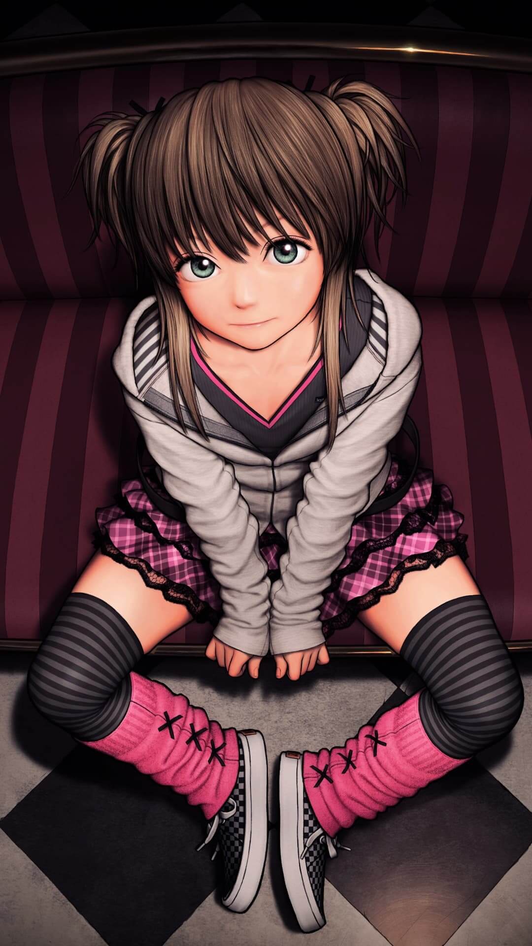 Girl with green eyes sitting on the sofa, looking upwards. anime wallpaper, 4K