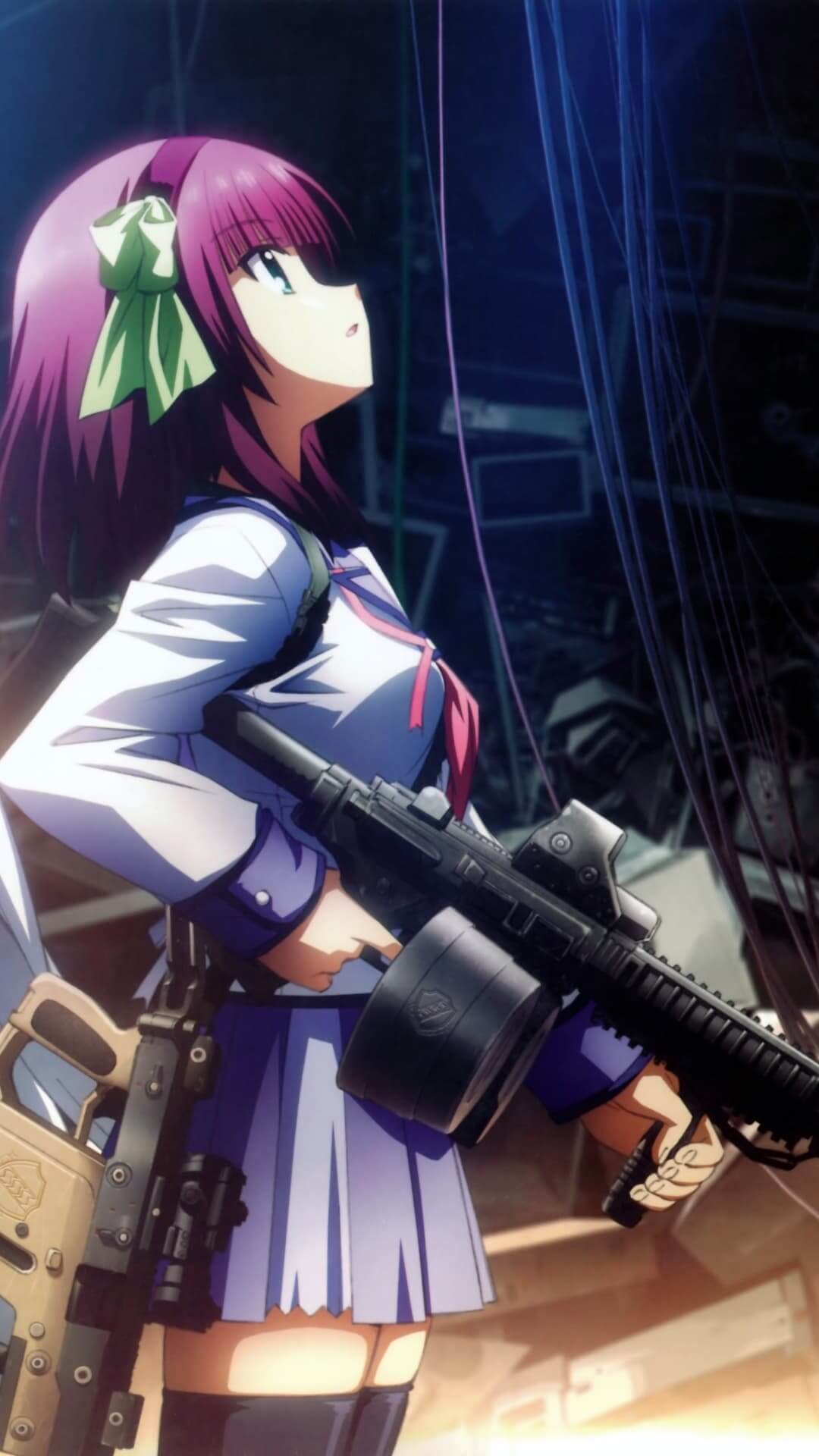 Girl with gun in a dark, futuristic setting anime wallpaper, 4K