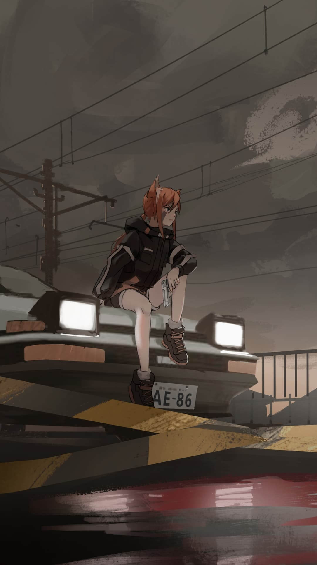 Girl with gun sitting on a car anime wallpaper, 4K