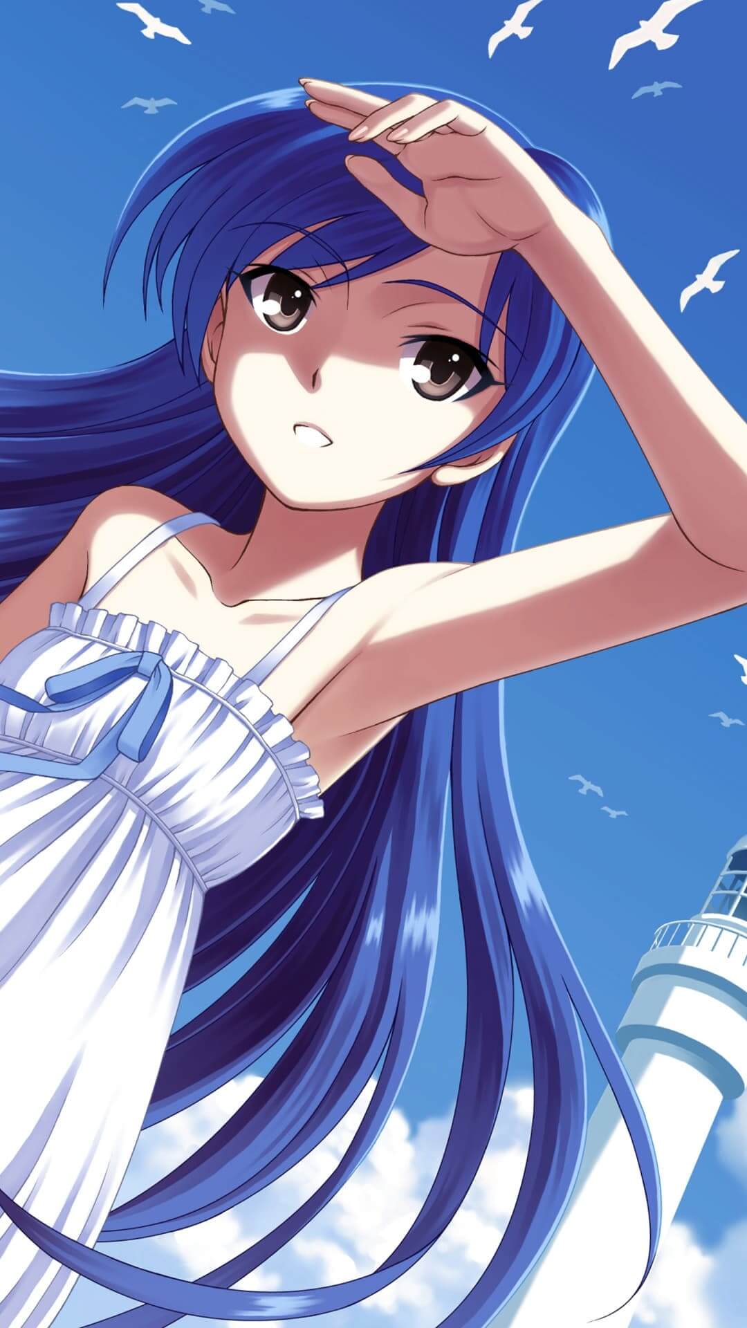 Girl with long blue hair by the sea anime wallpaper, 4K