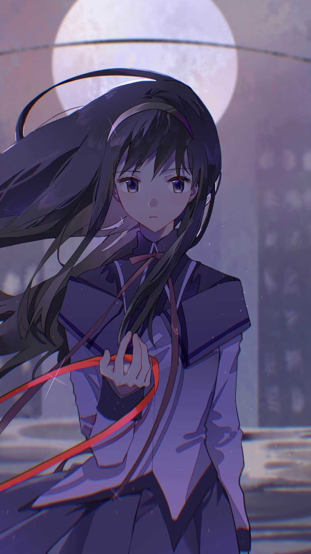 Girl with long dark hair, red ribbon, and purple outfit anime wallpaper, 4K