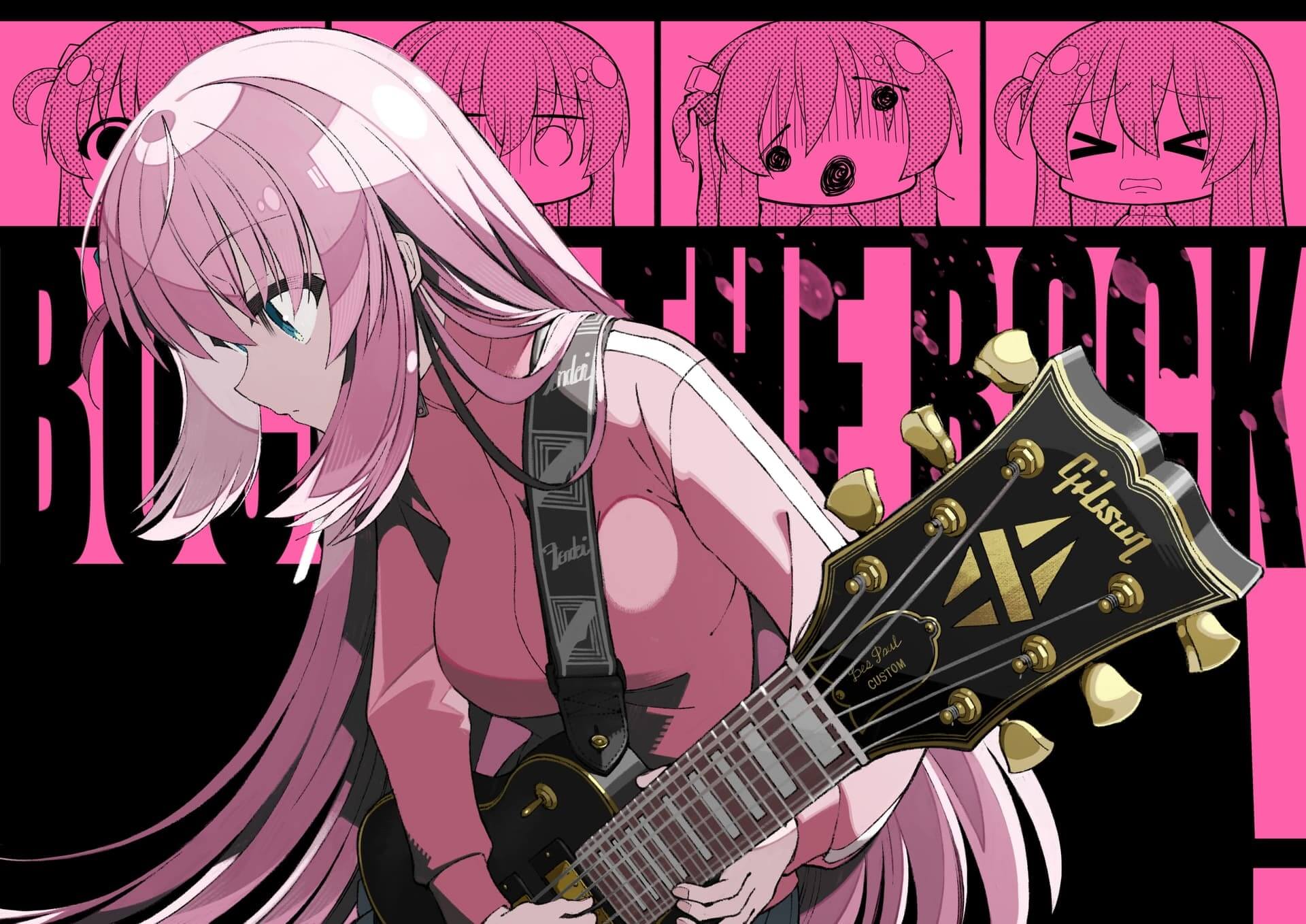 Girl with long pink hair playing Gibson guitar anime wallpaper, 4K