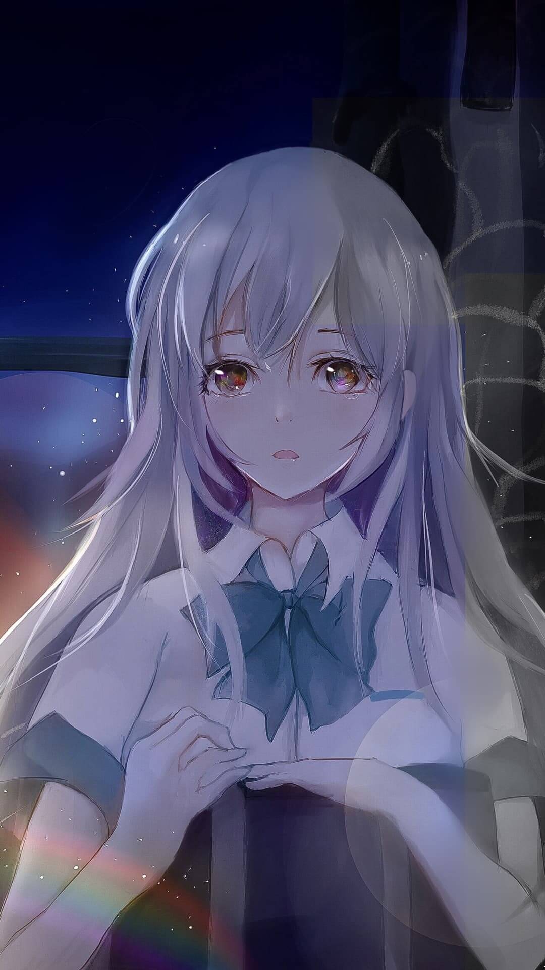 Girl with long white hair, looking sad and contemplative anime wallpaper, 4K