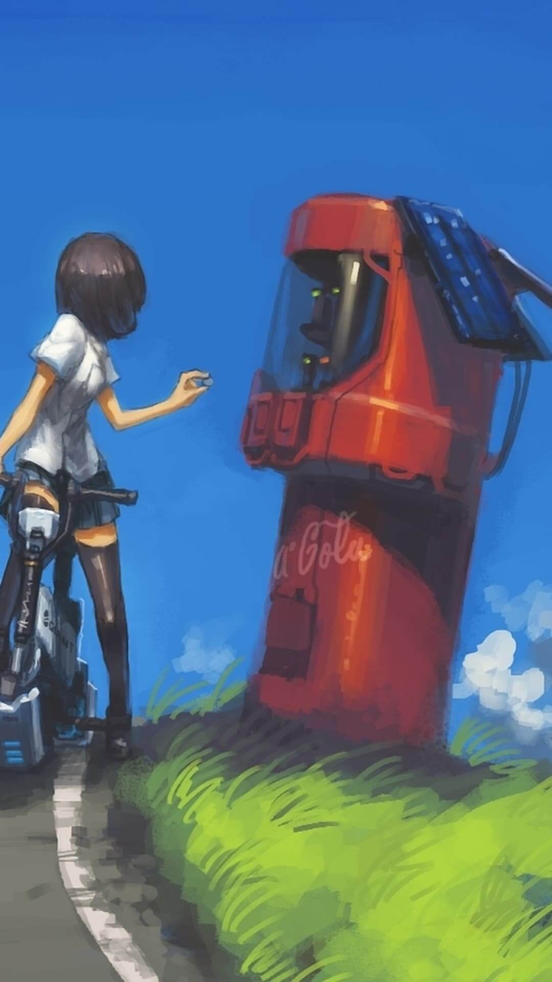 Girl with motorcycle offering coin to Coca-Cola machine, blue sky background anime wallpaper, 4K