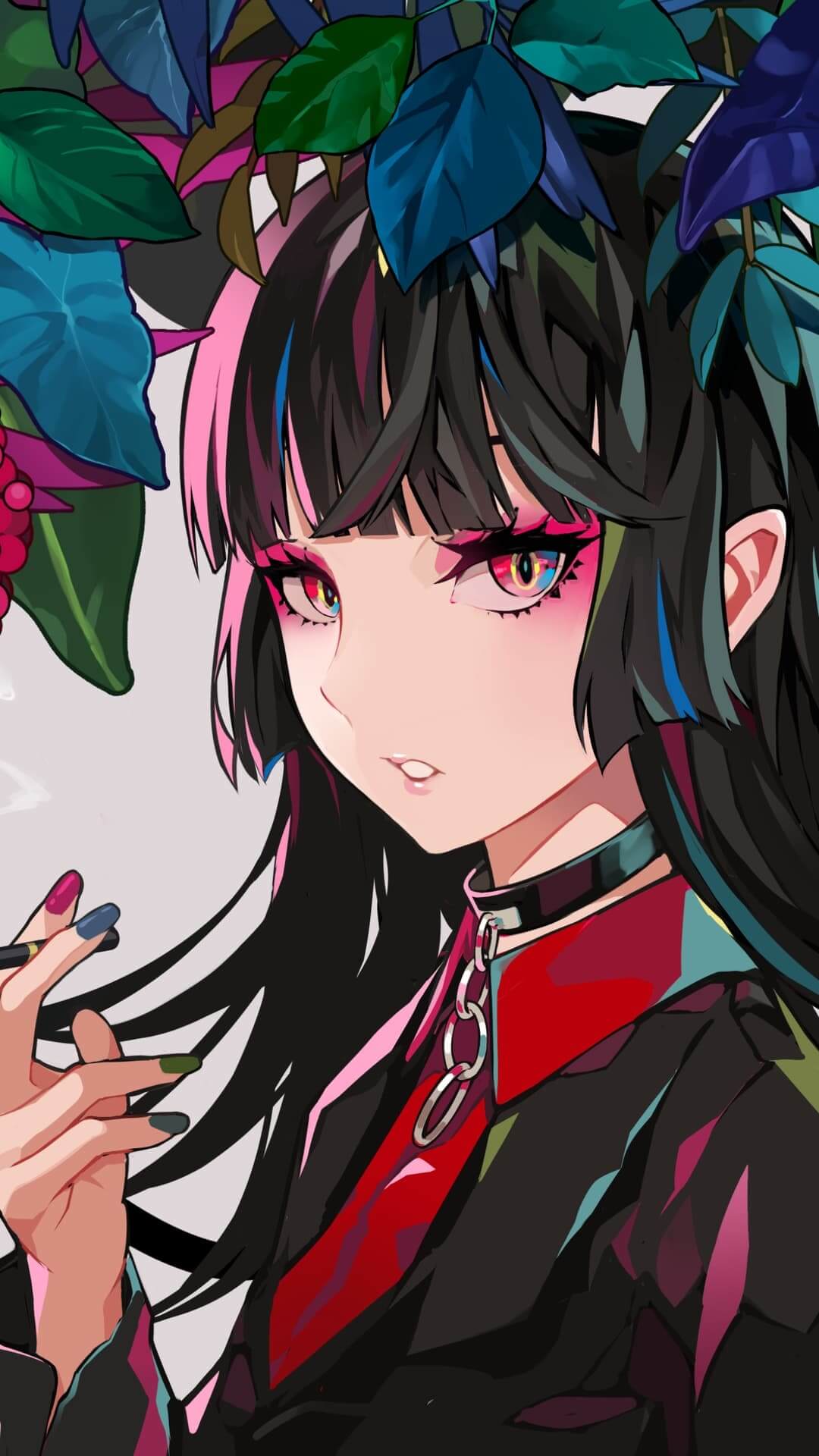 Girl with pink and black hair smoking anime wallpaper, 4K