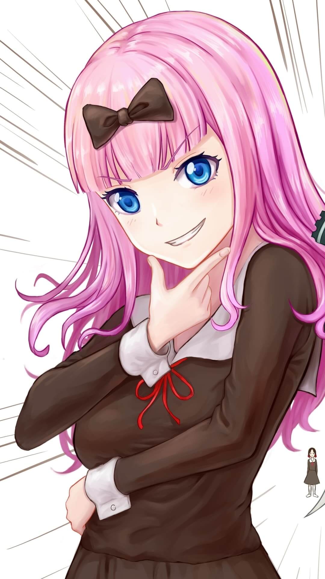 Girl with pink hair and brown bow looking sly anime wallpaper, 4K