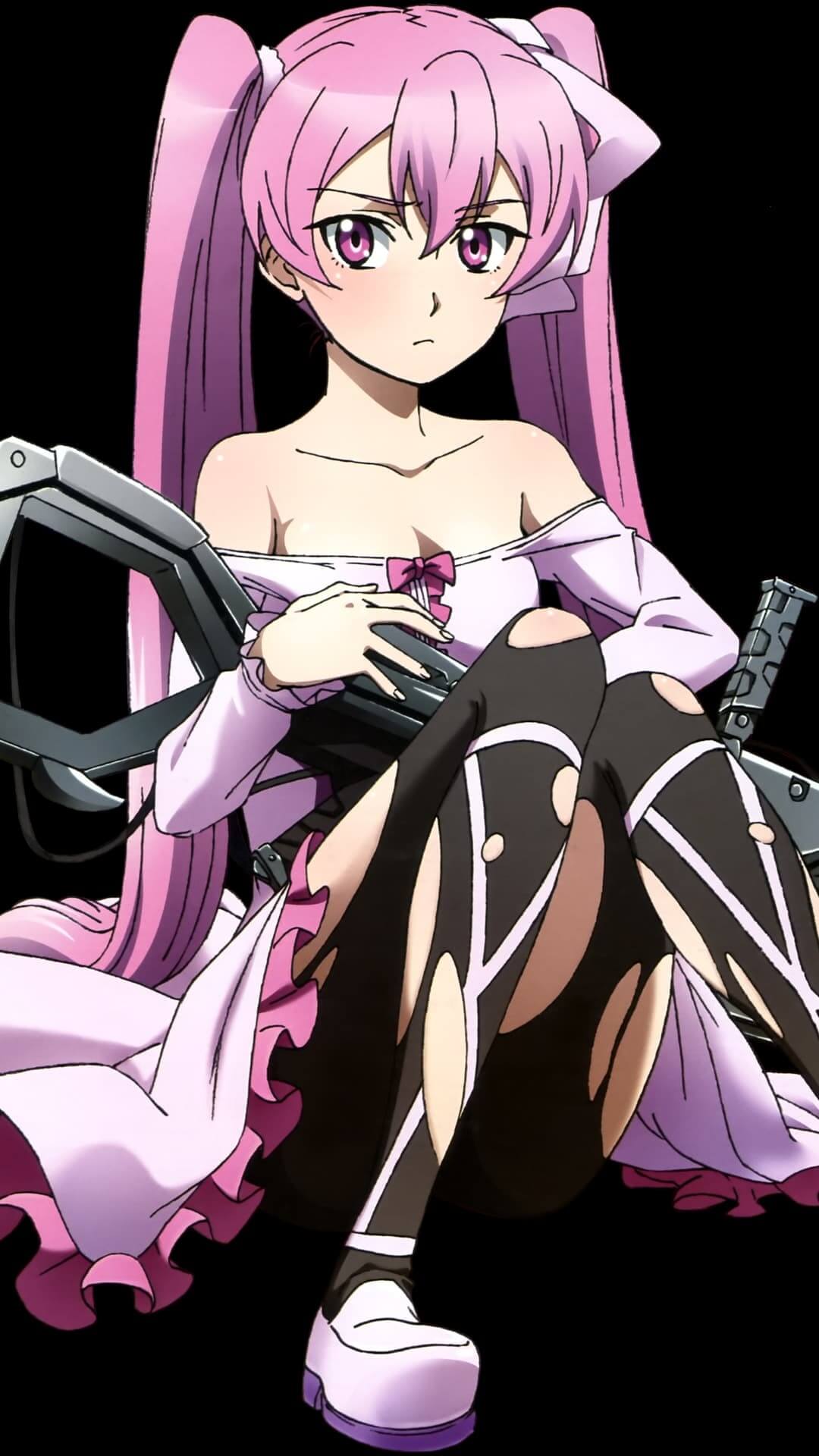 Girl with pink hair sitting, holding a gun anime wallpaper, 4K