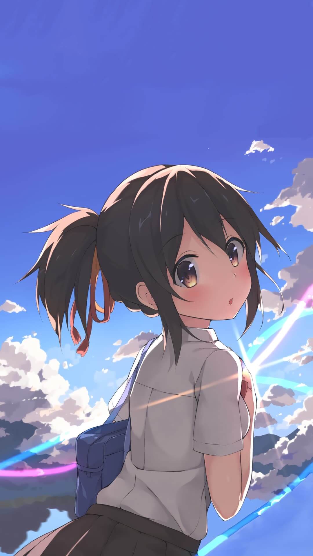 Girl with ponytail looking away, sky background anime wallpaper, 4K