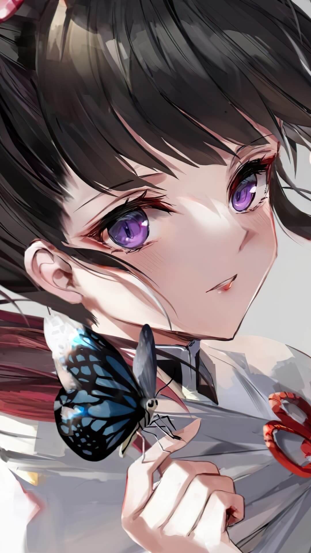 Girl with purple eyes and a butterfly anime wallpaper, 4K