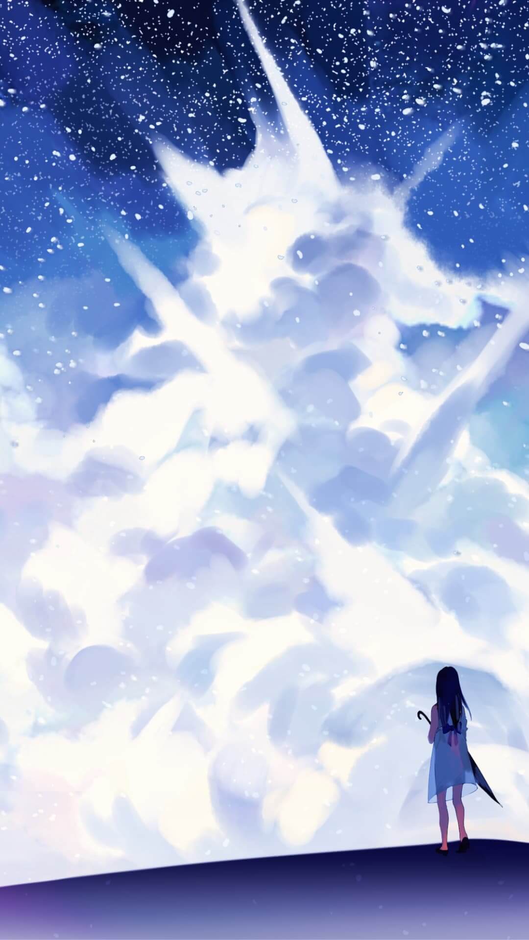 Girl with umbrella looking at a bright cloudy sky anime wallpaper, 4K