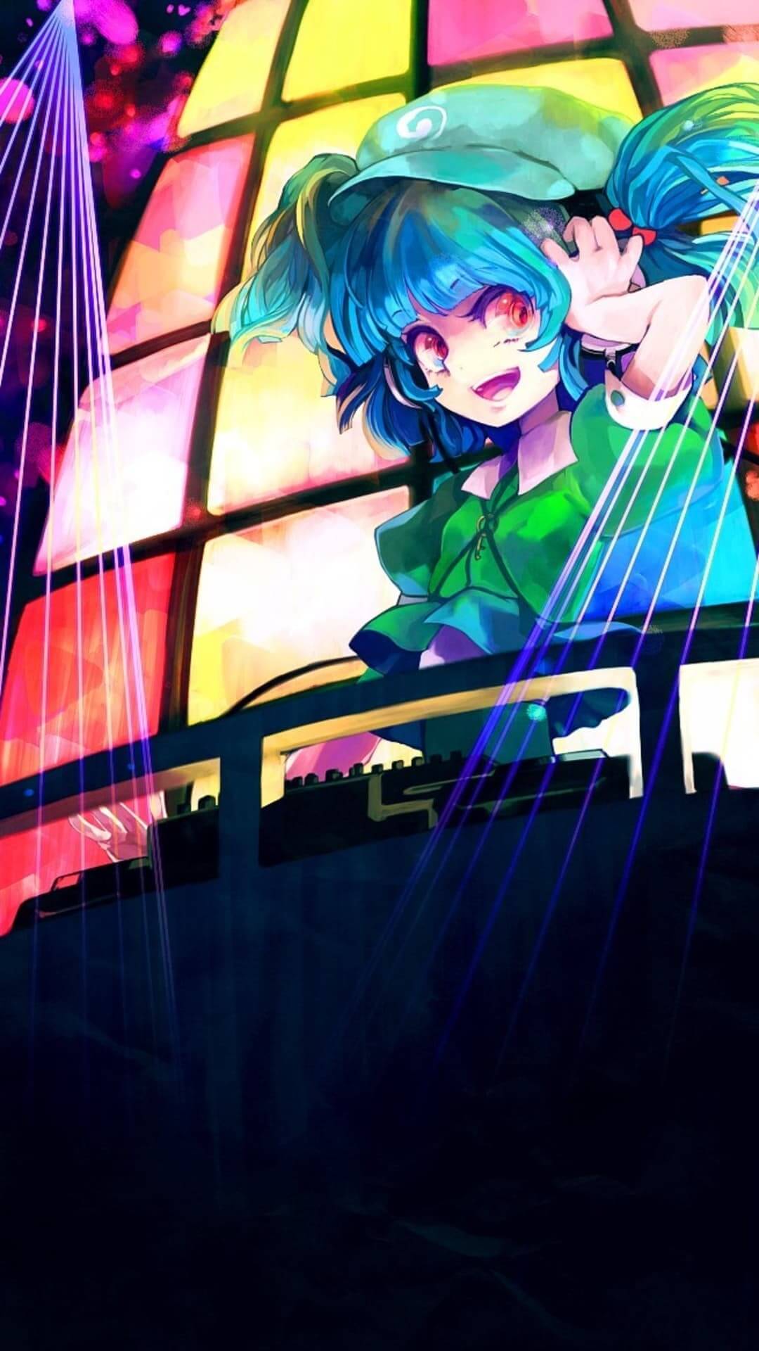 Girl with vibrant blue hair DJing anime wallpaper, 4K