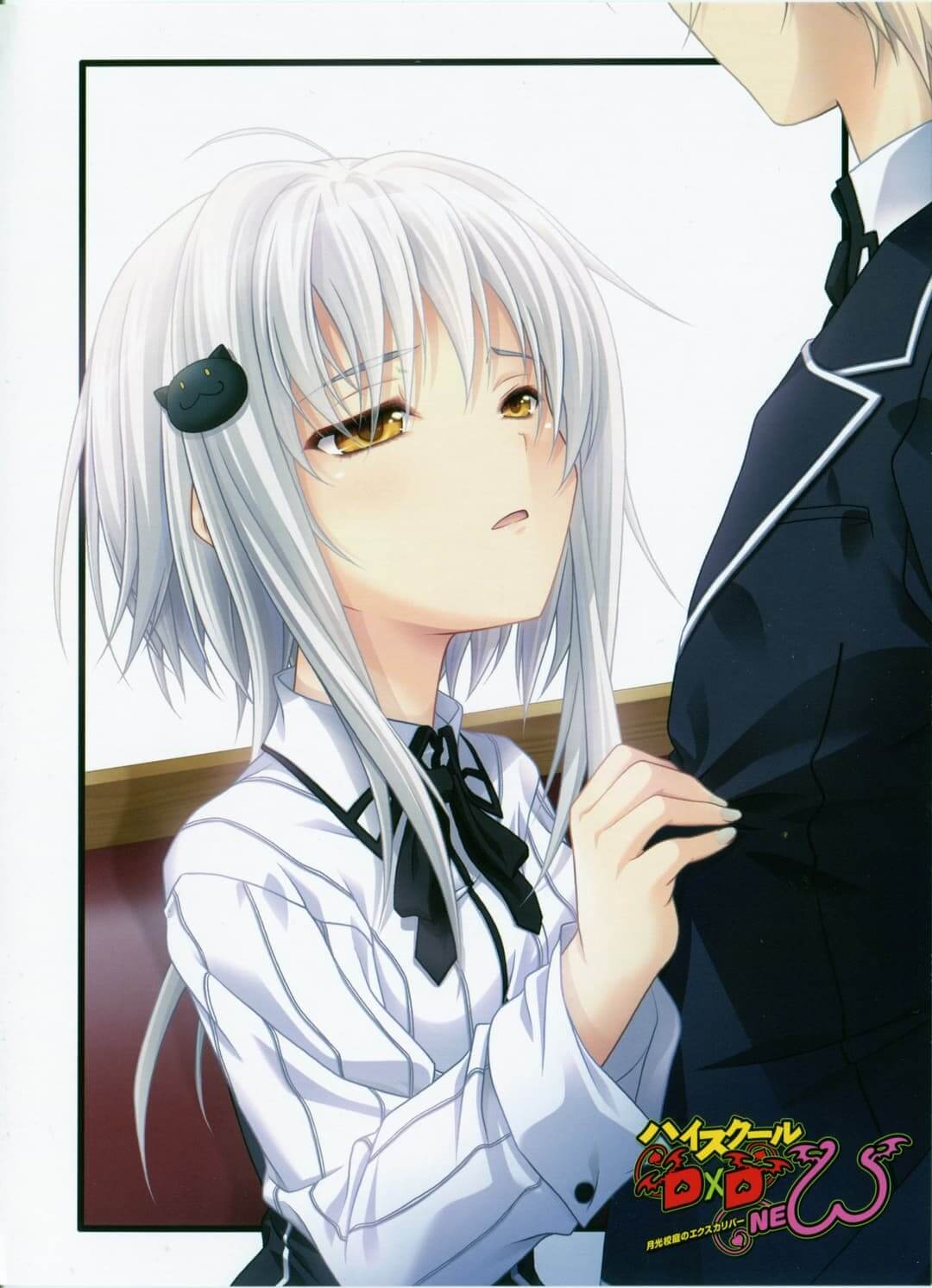 Girl with white hair touching a boy's suit, looking up at him anime wallpaper, 4K