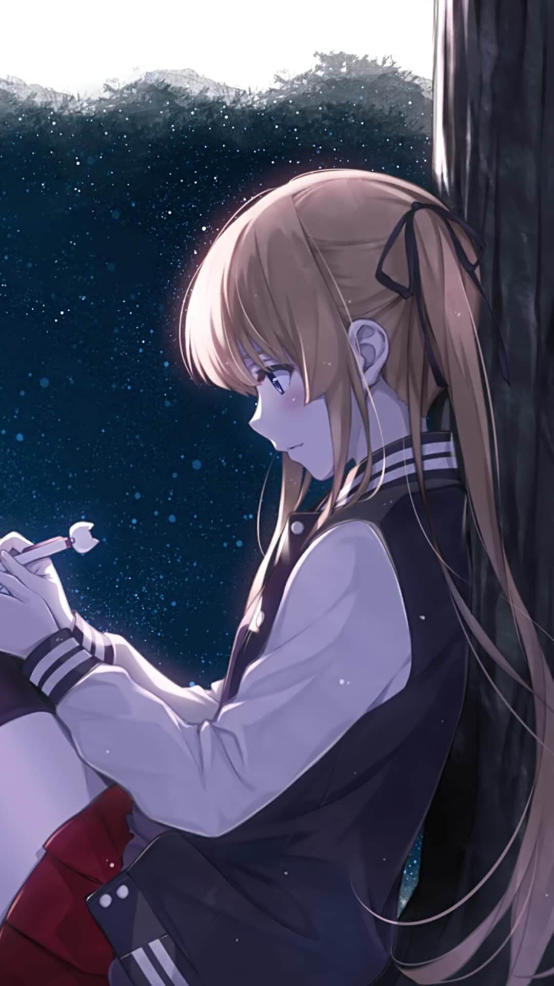 Girl writing under starry night anime wallpaper, 4K