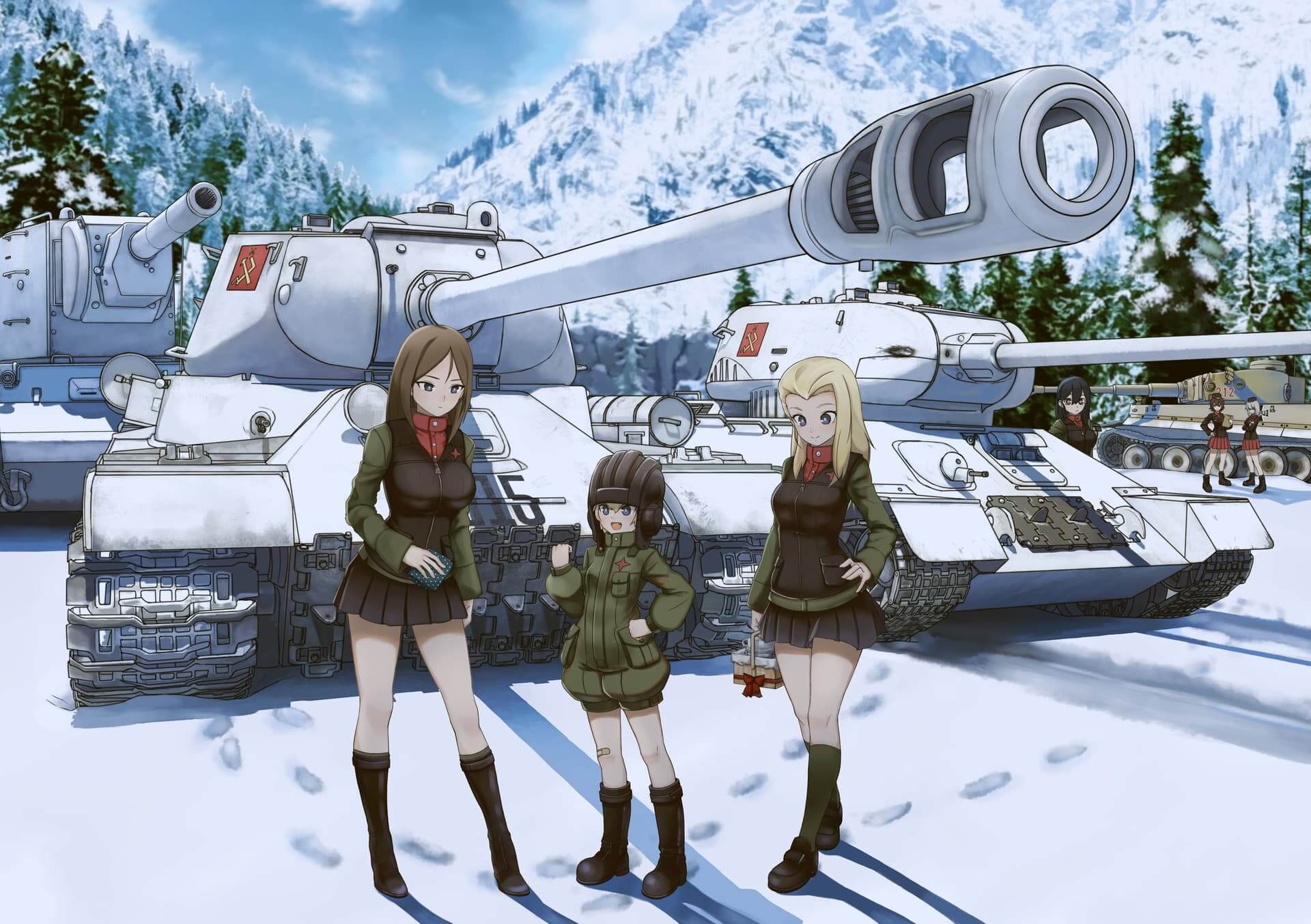 Girls with Soviet tanks in a snowy landscape anime wallpaper, 4K