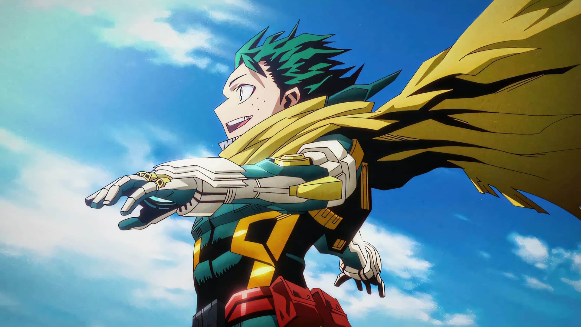Green haired hero wearing yellow cape and mechanical gauntlets against a bright blue sky anime wallpaper, 4K