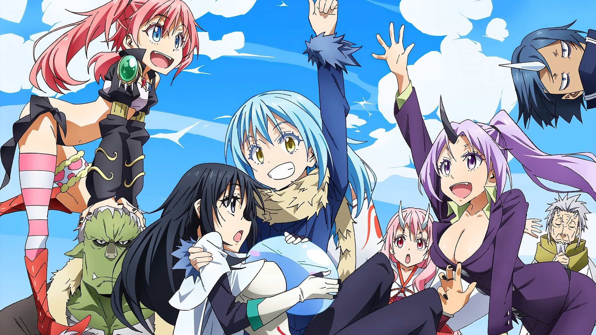 Group of friends smiling together under a bright blue sky anime wallpaper, 4K