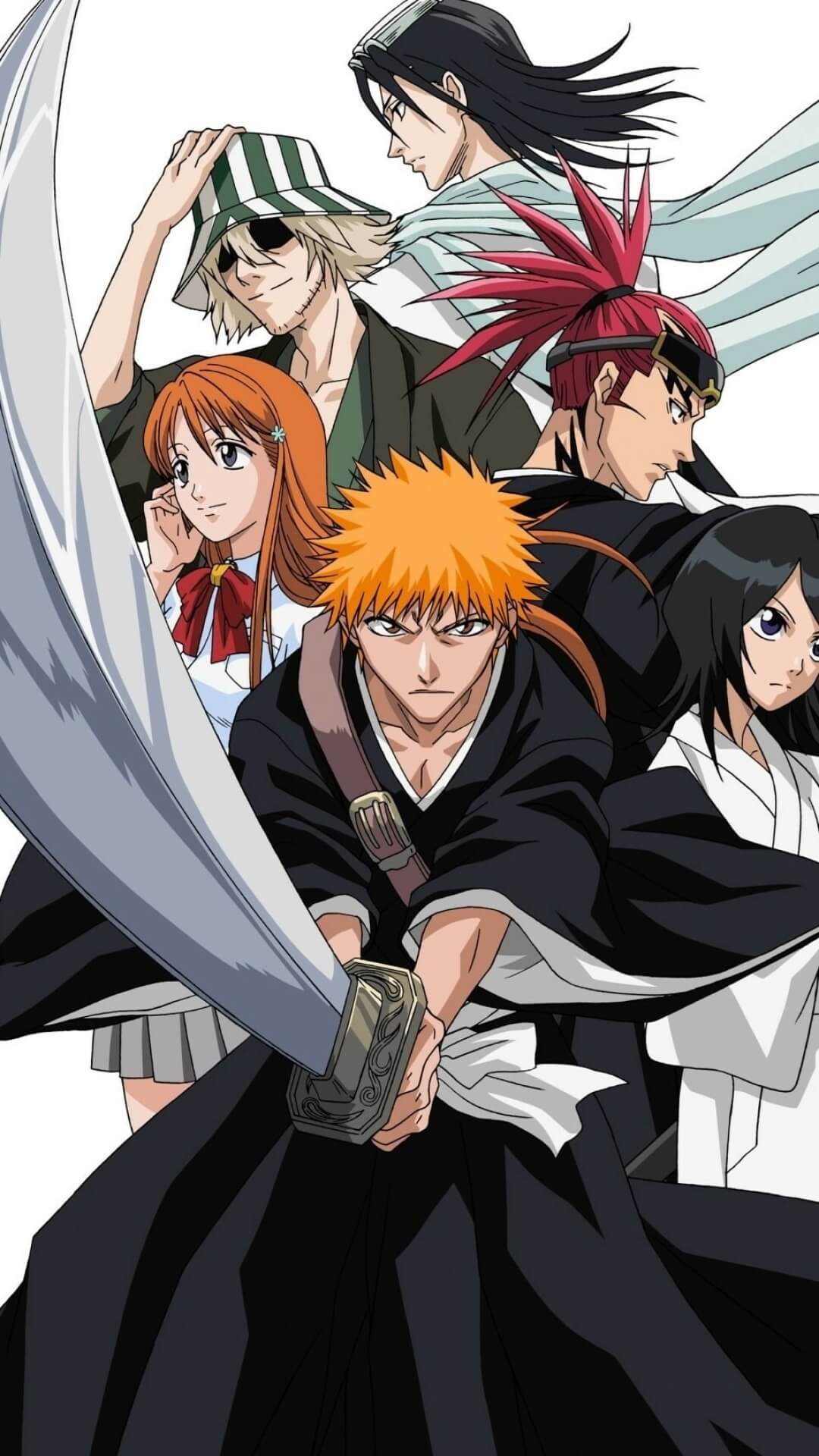 Group of main characters standing together with swords anime wallpaper, 4K