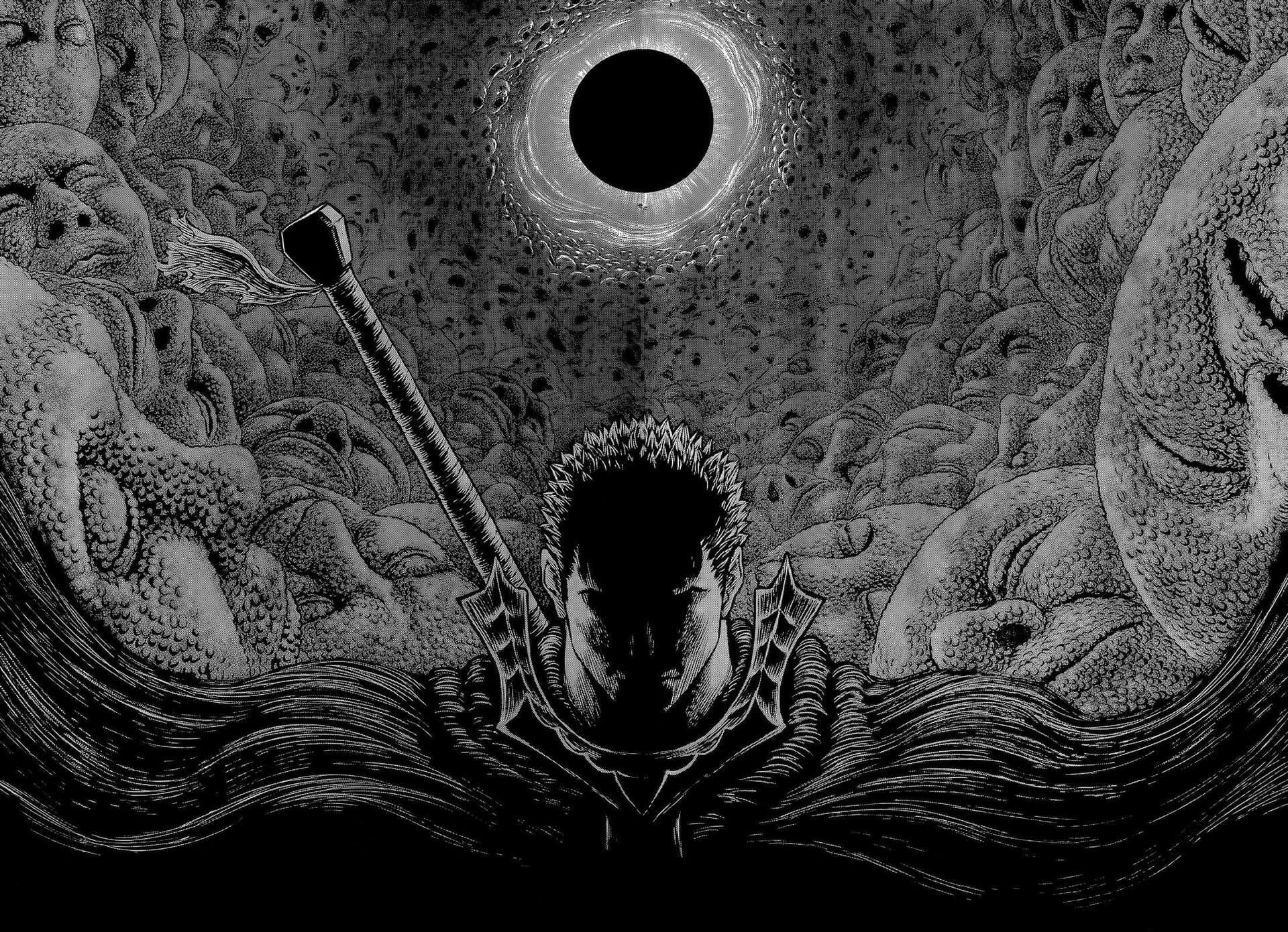 Guts standing amidst monstrous creatures anime wallpaper, 4K