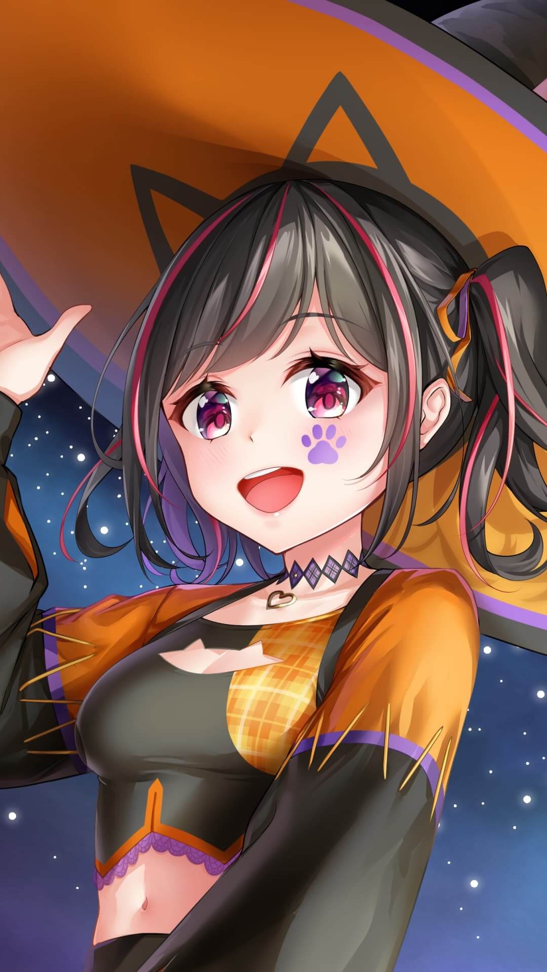 Halloween witch girl with orange hat anime wallpaper, 4K