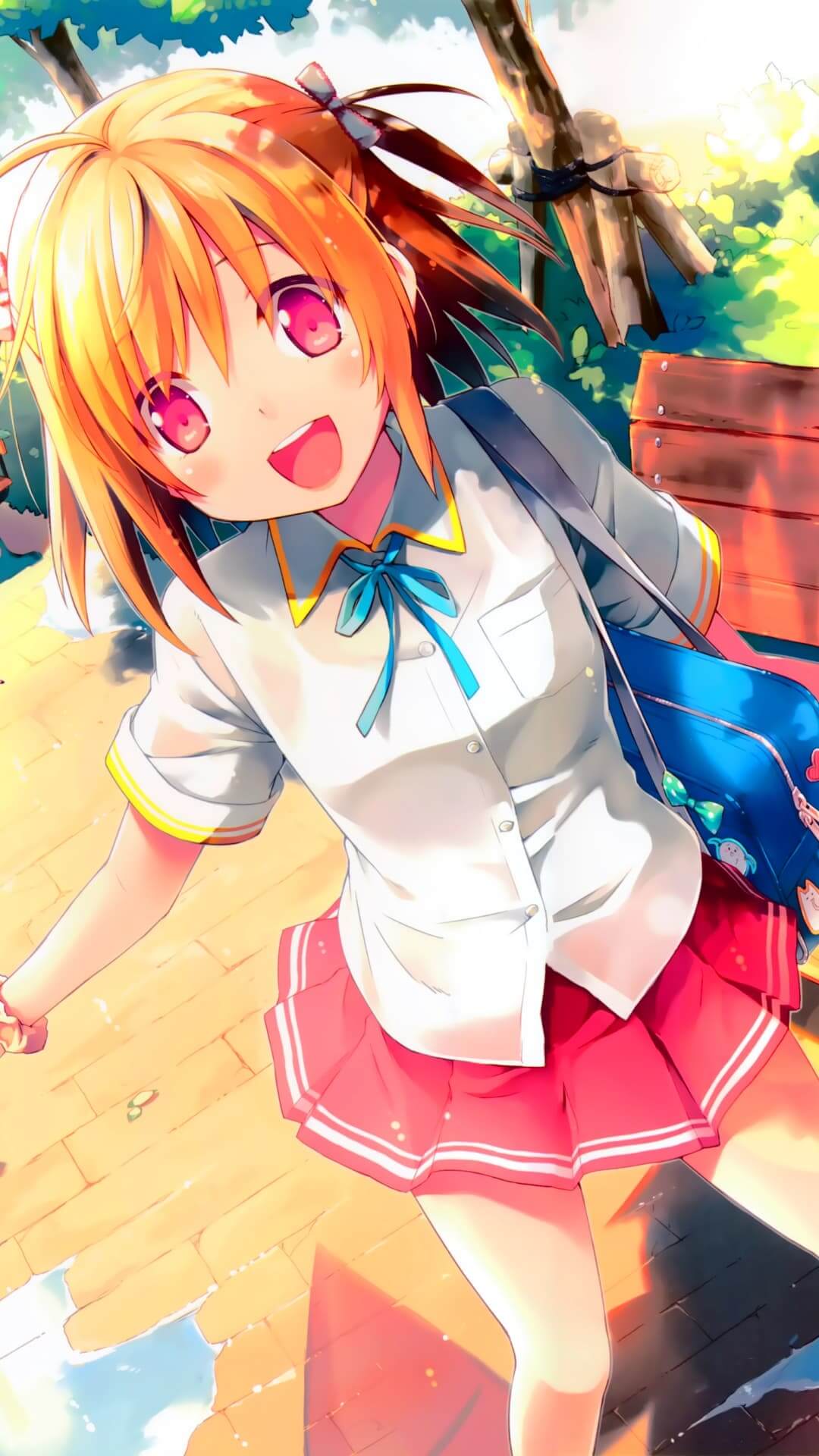Happy schoolgirl walking outdoors anime wallpaper, 4K