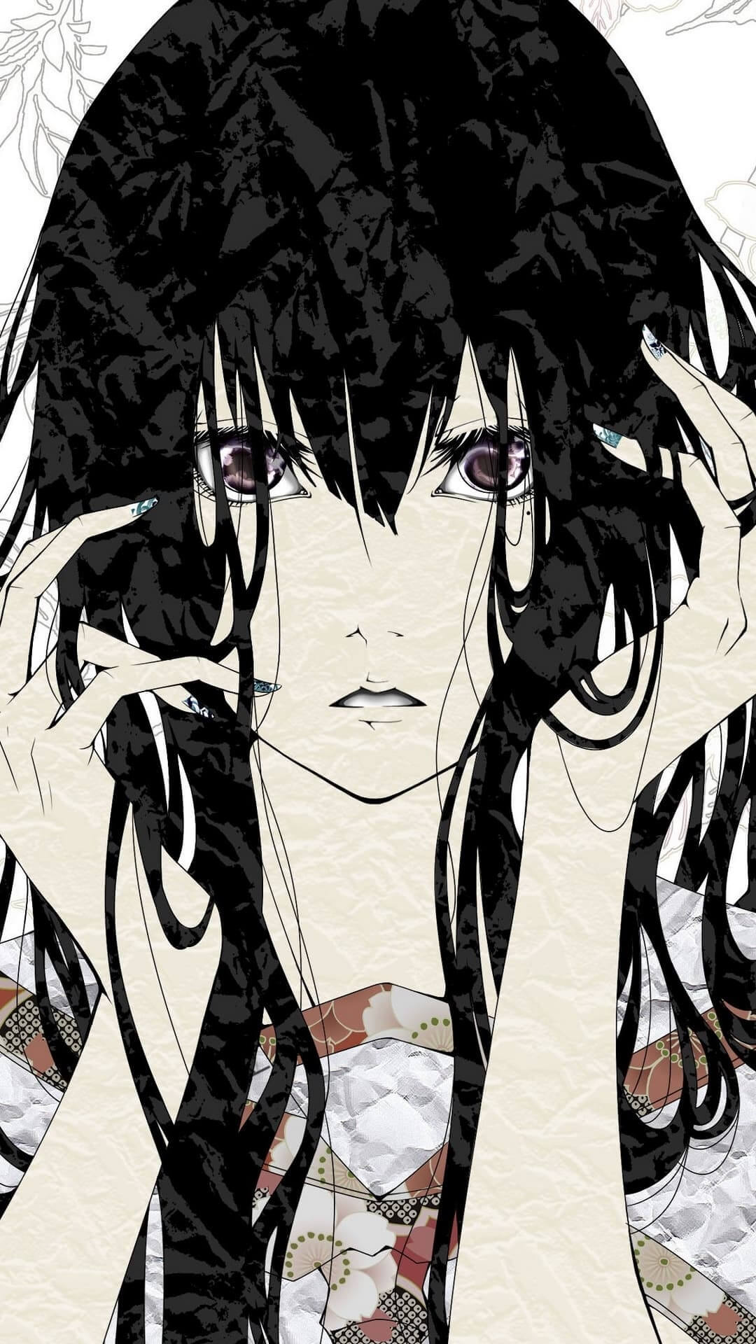 Haunting beauty of a girl with mysterious eyes, framed by dark hair. anime wallpaper, 4K
