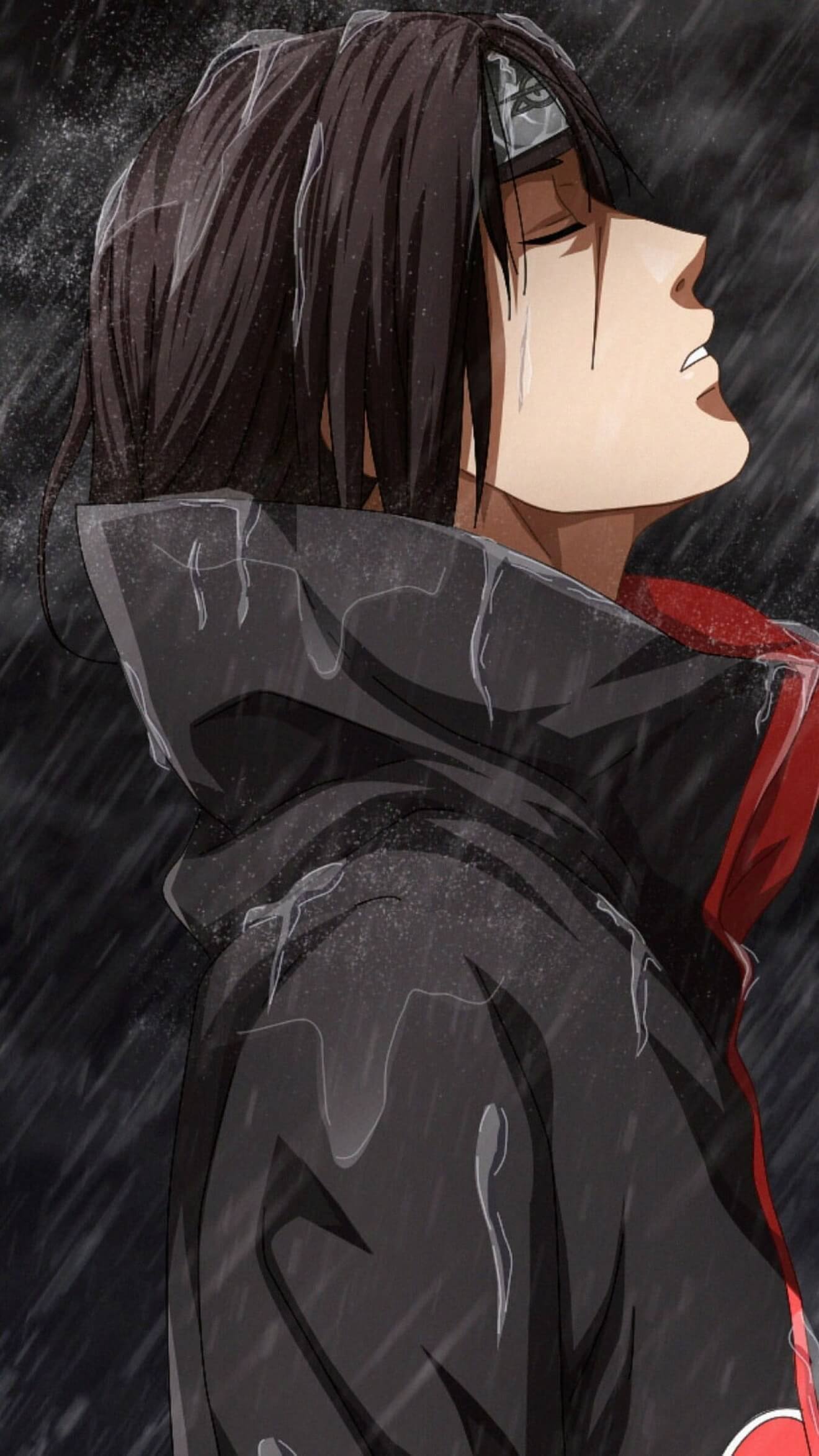 Itachi Uchiha standing in the heavy rain wearing Akatsuki cloak anime wallpaper, 4K