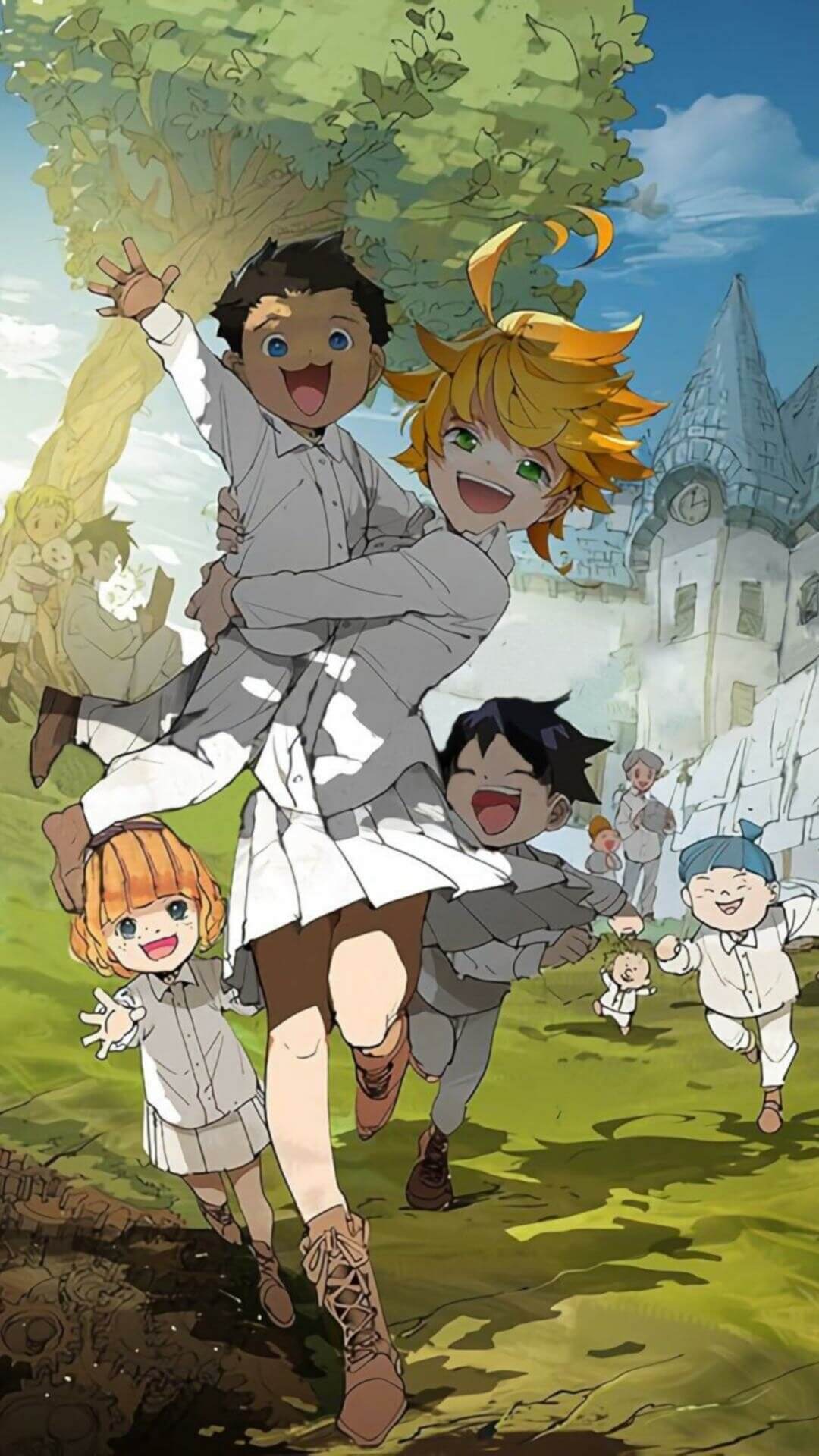 Joyful children running outdoors, playing in a field near a large house anime wallpaper, 4K