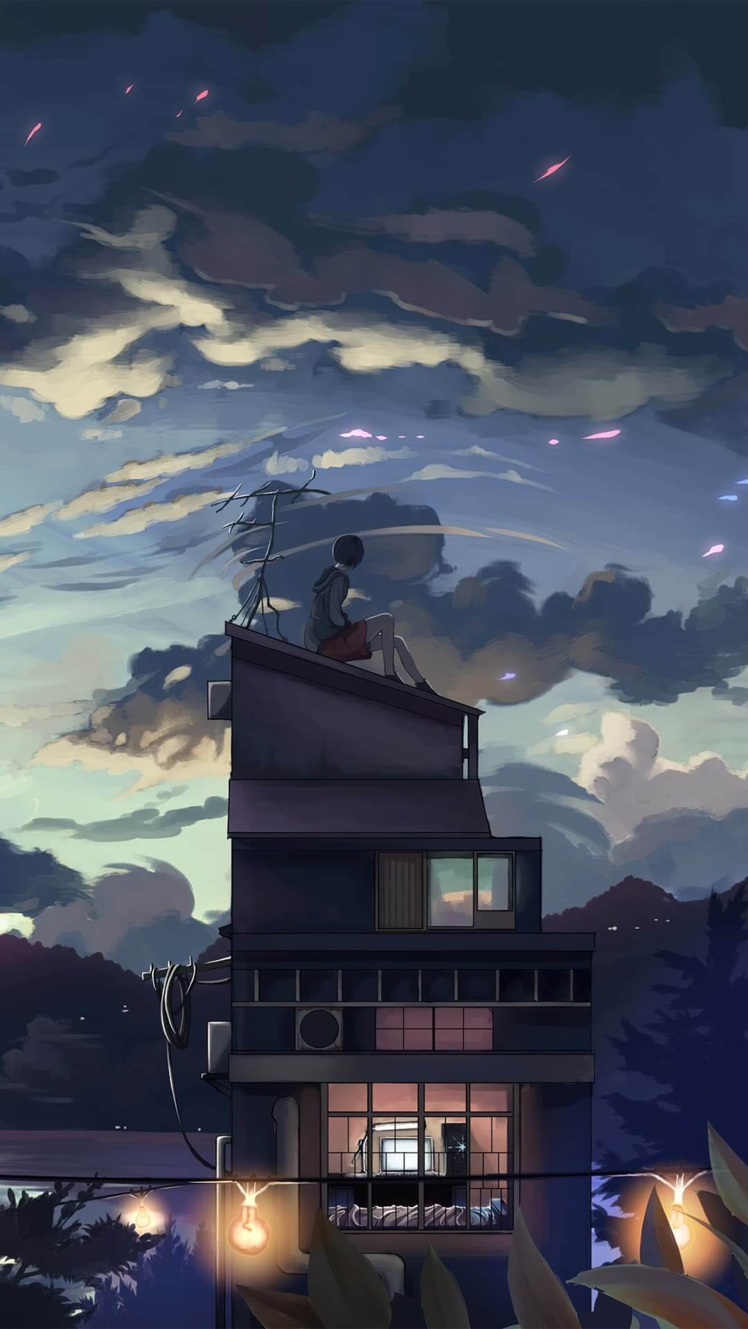 Lonesome figure sits atop building, enjoying the evening anime wallpaper, 4K