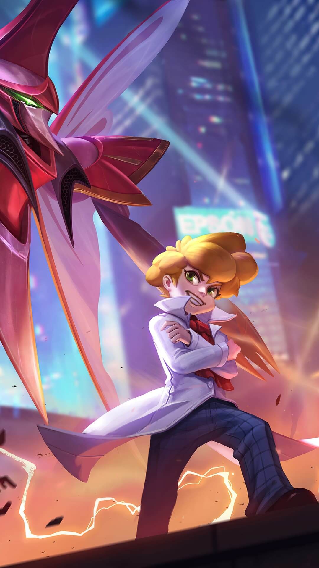 Mad scientist and menacing robot facing off in a burning city anime wallpaper, 4K