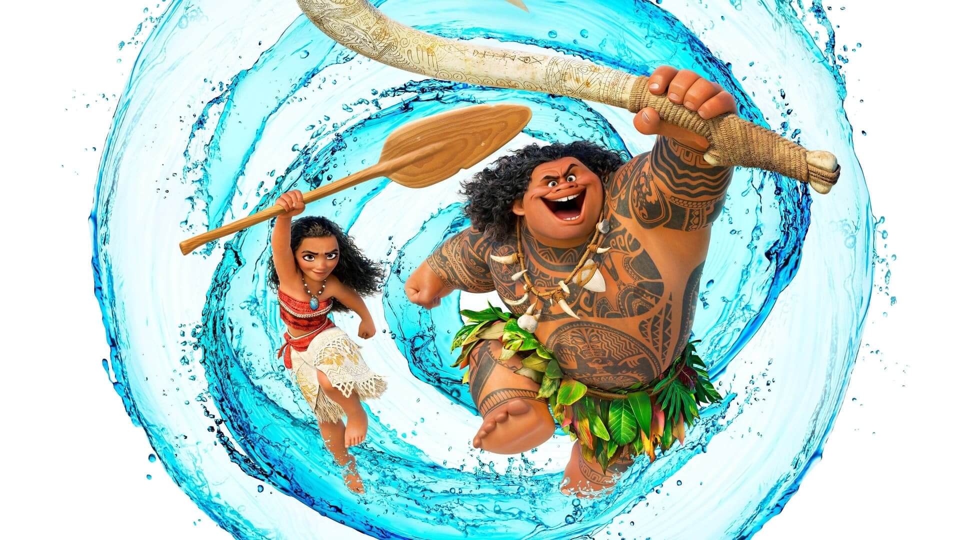 Moana and Maui in swirling water anime wallpaper, 4K