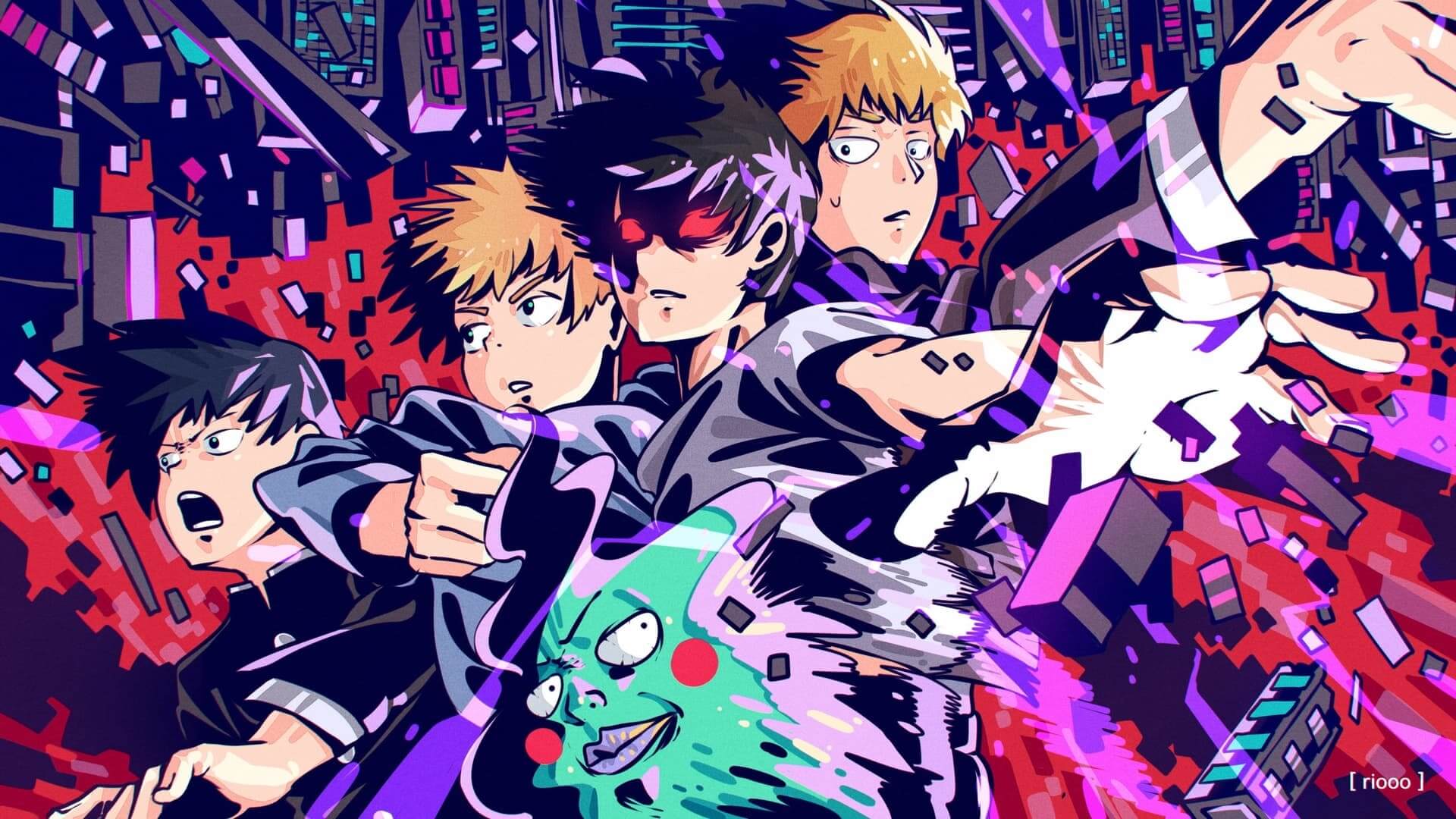 Mob Psycho 100 characters in action-packed scene anime wallpaper, 4K