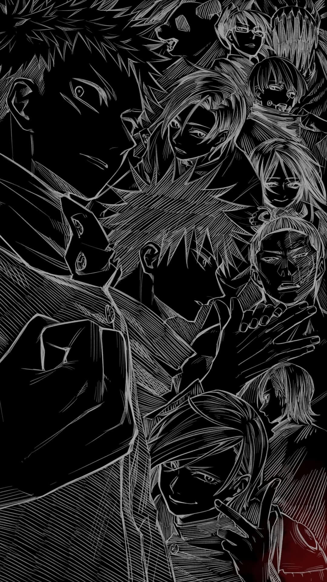 Multiple characters drawn together in an artistic and dynamic black and white composition anime wallpaper, 4K