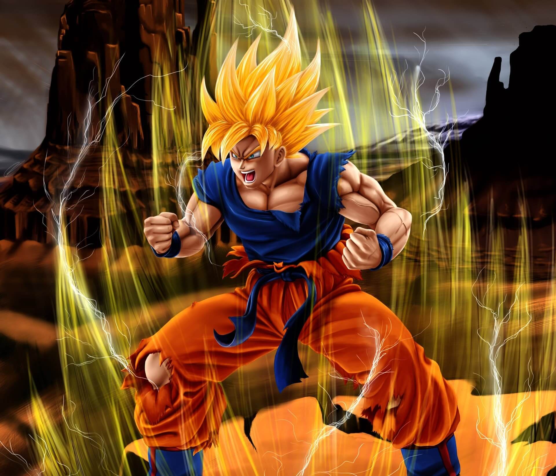 Muscular character transforming, blonde hair, blue clothes, intense battle, orange background. anime wallpaper, 4K
