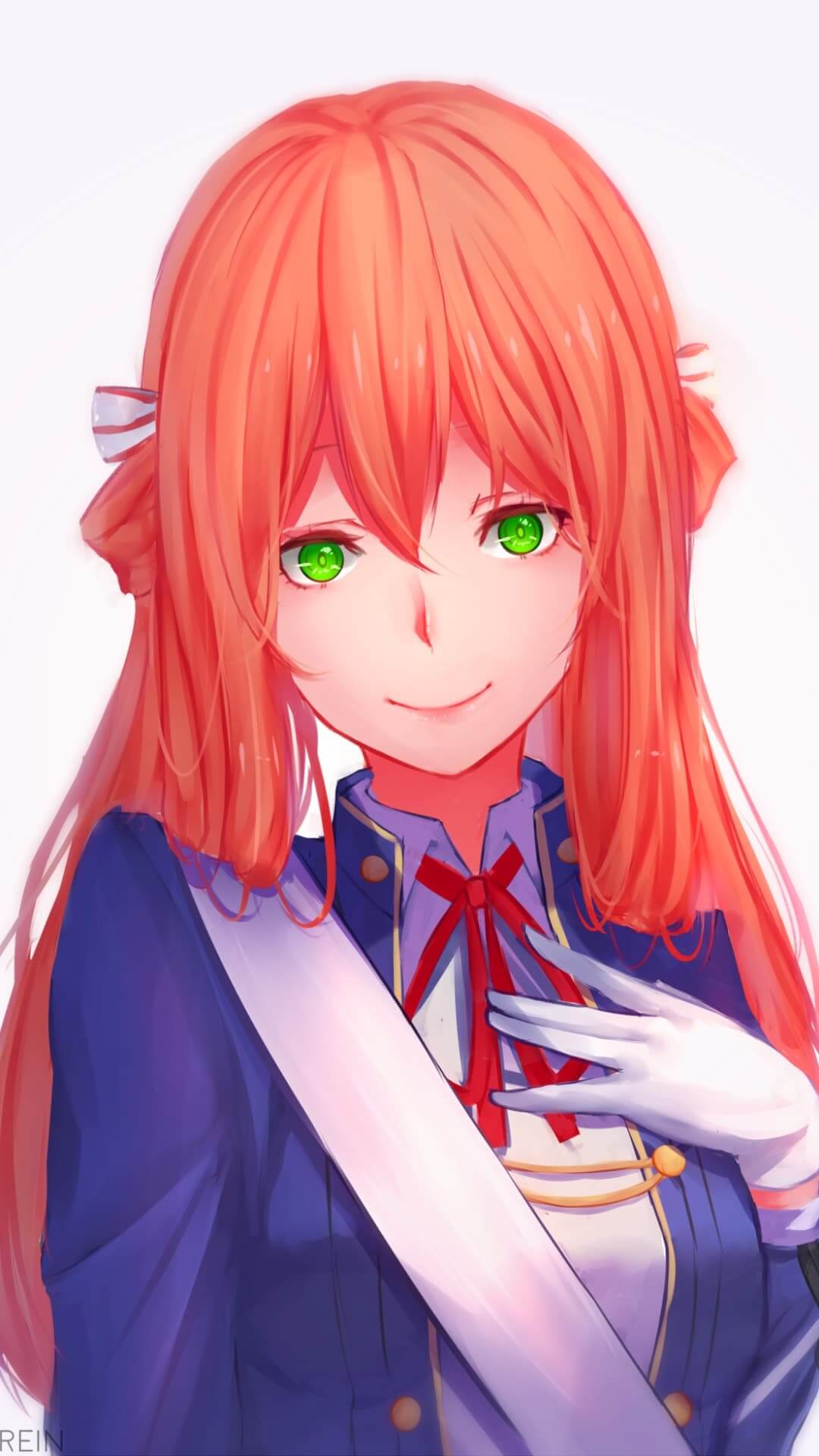 Orange-haired girl in a blue uniform anime wallpaper, 4K