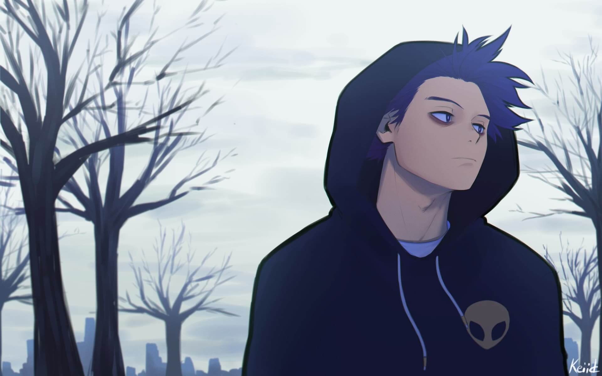 Pensive character with purple hair wearing a hoodie near winter trees anime wallpaper, 4K