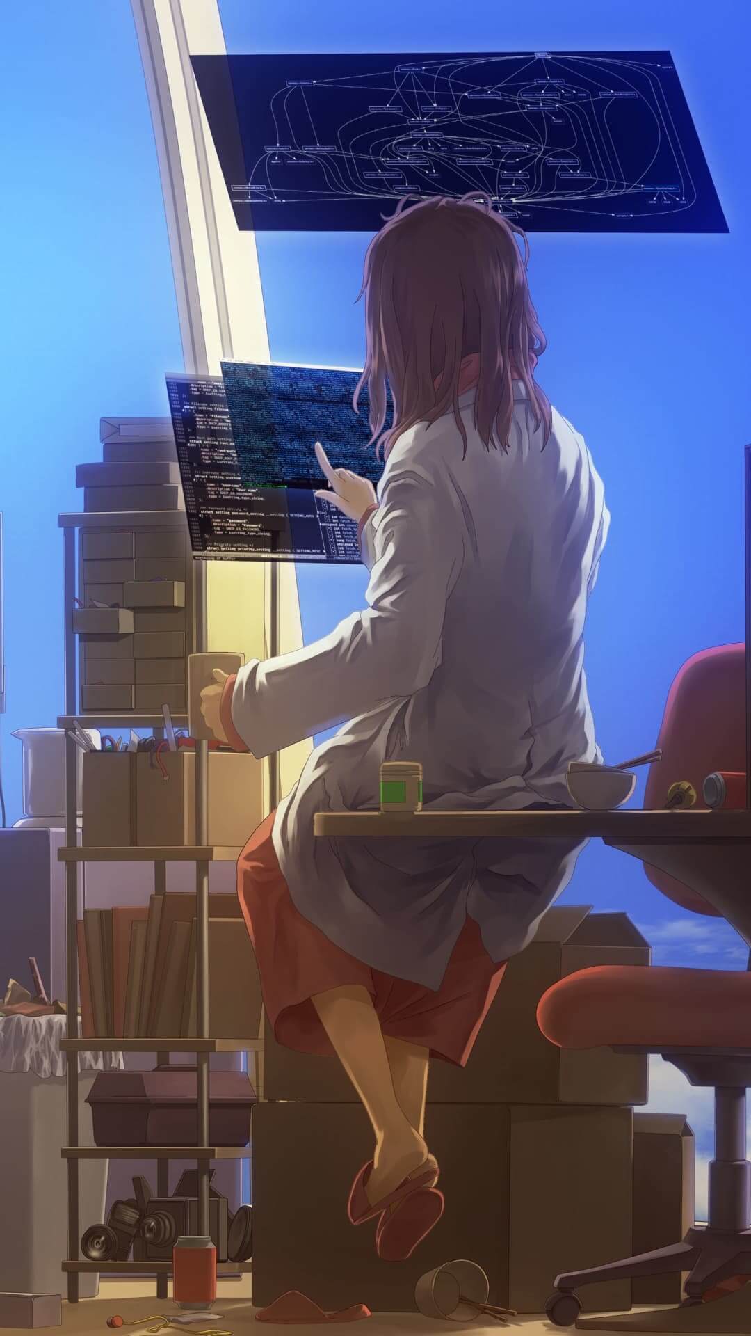 Person works in a messy workspace looking at computer screens with diagrams and code anime wallpaper, 4K