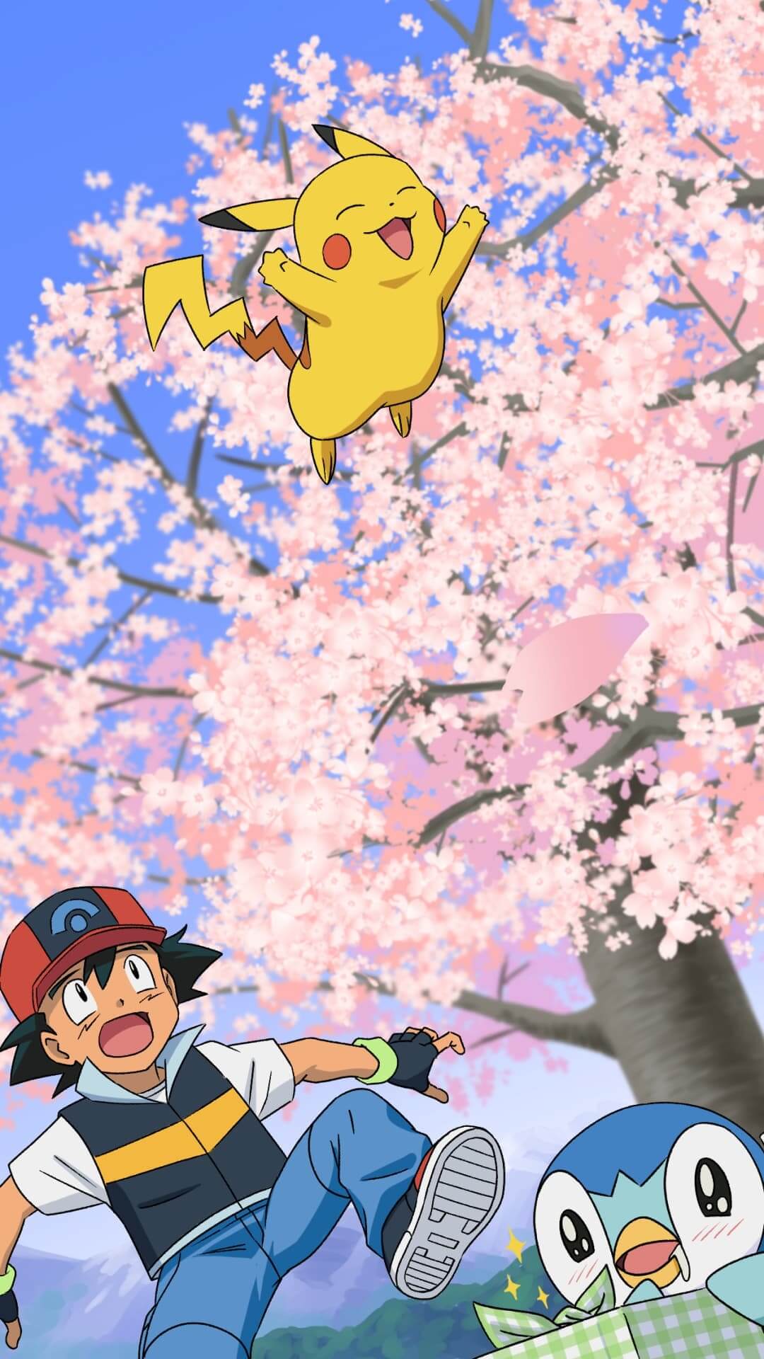 Pikachu and Ash enjoying spring anime wallpaper, 4K