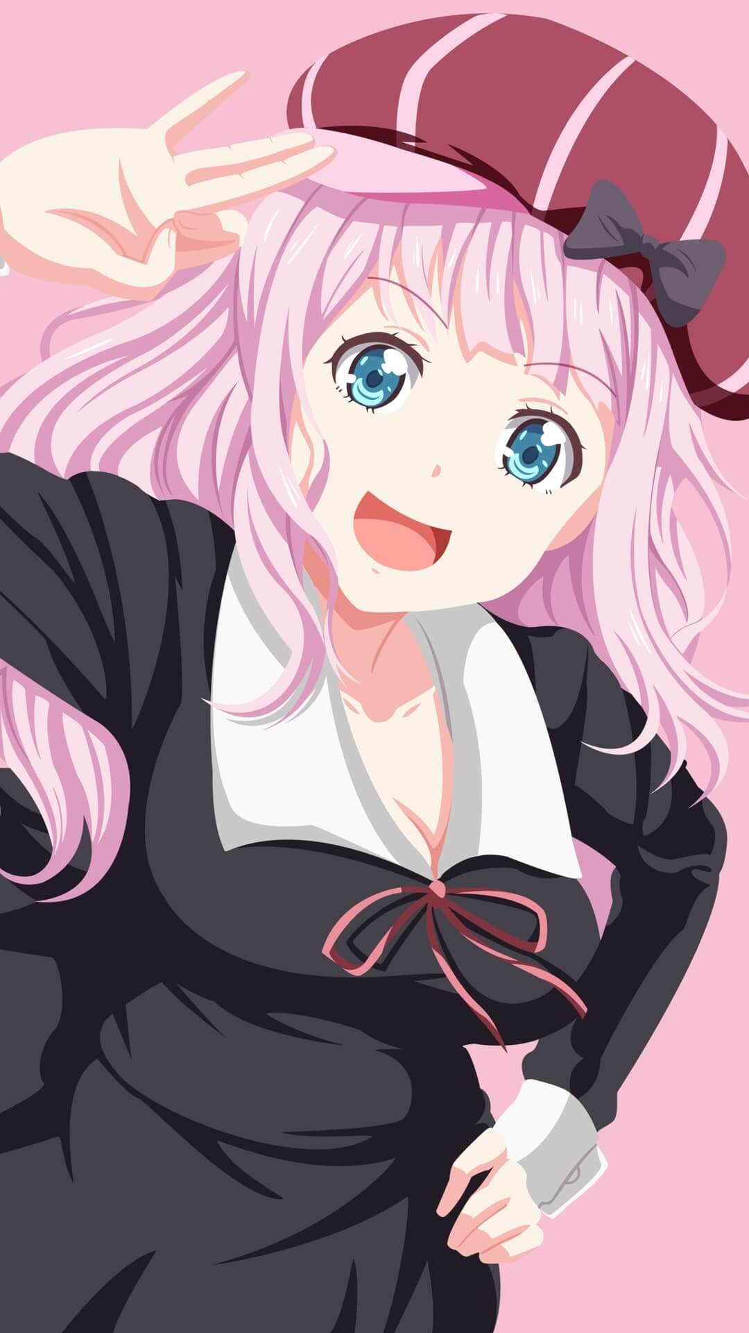 Pink haired girl anime character wearing hat, smiling with hand gesture anime wallpaper, 4K