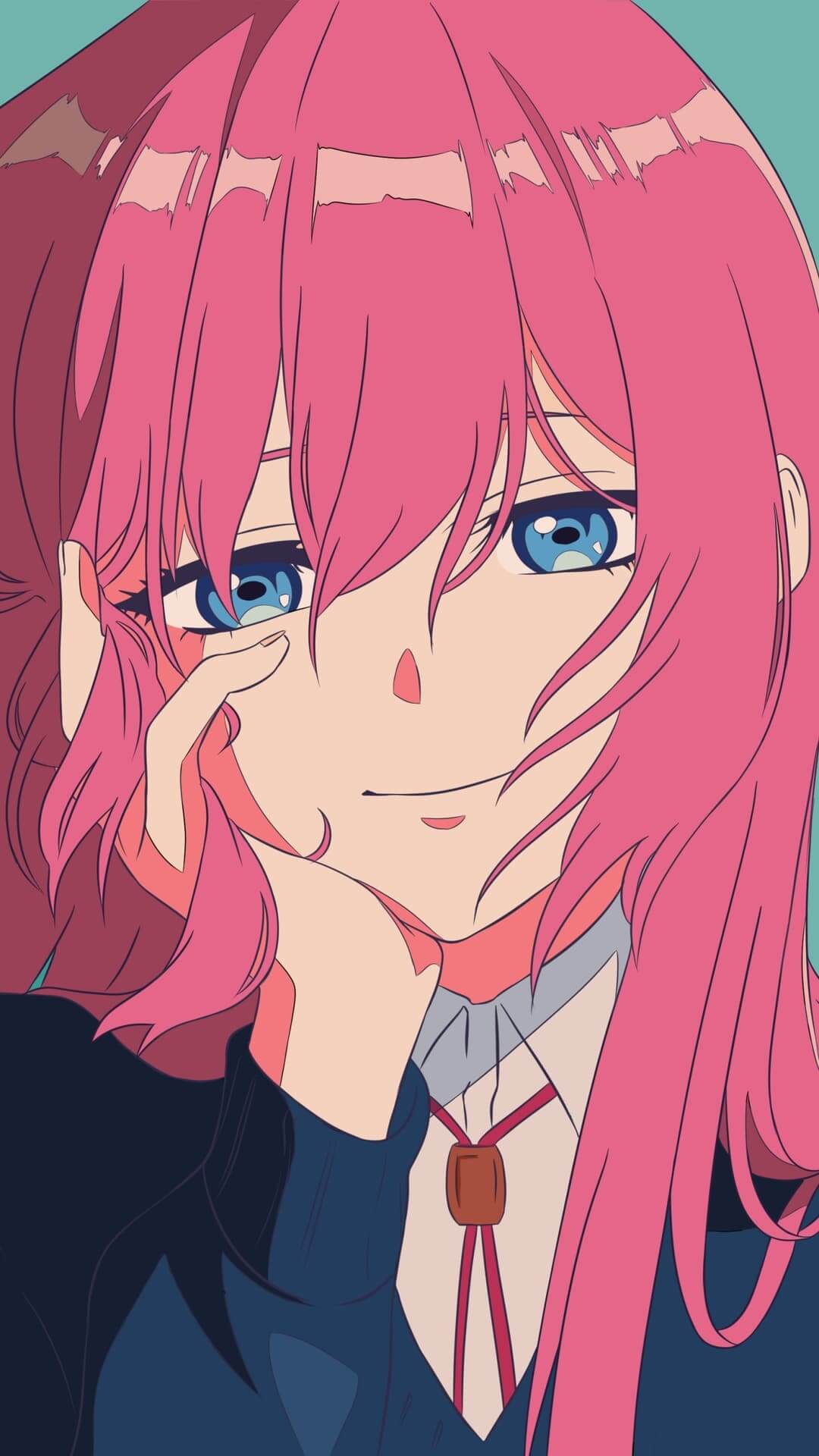 Pink-haired girl with blue eyes, hand on chin anime wallpaper, 4K