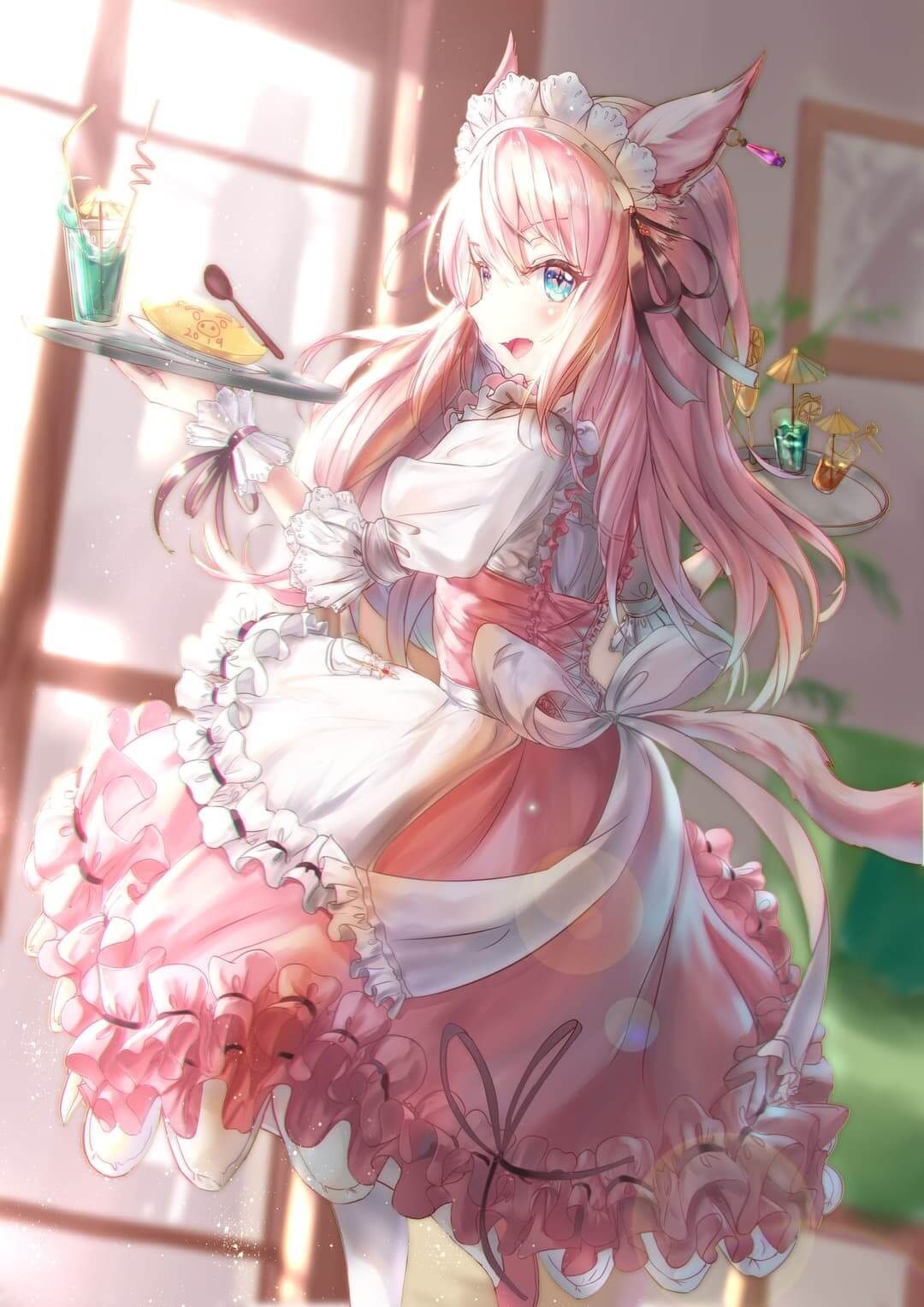 Pink-haired maid serving drinks and a pancake anime wallpaper, 4K