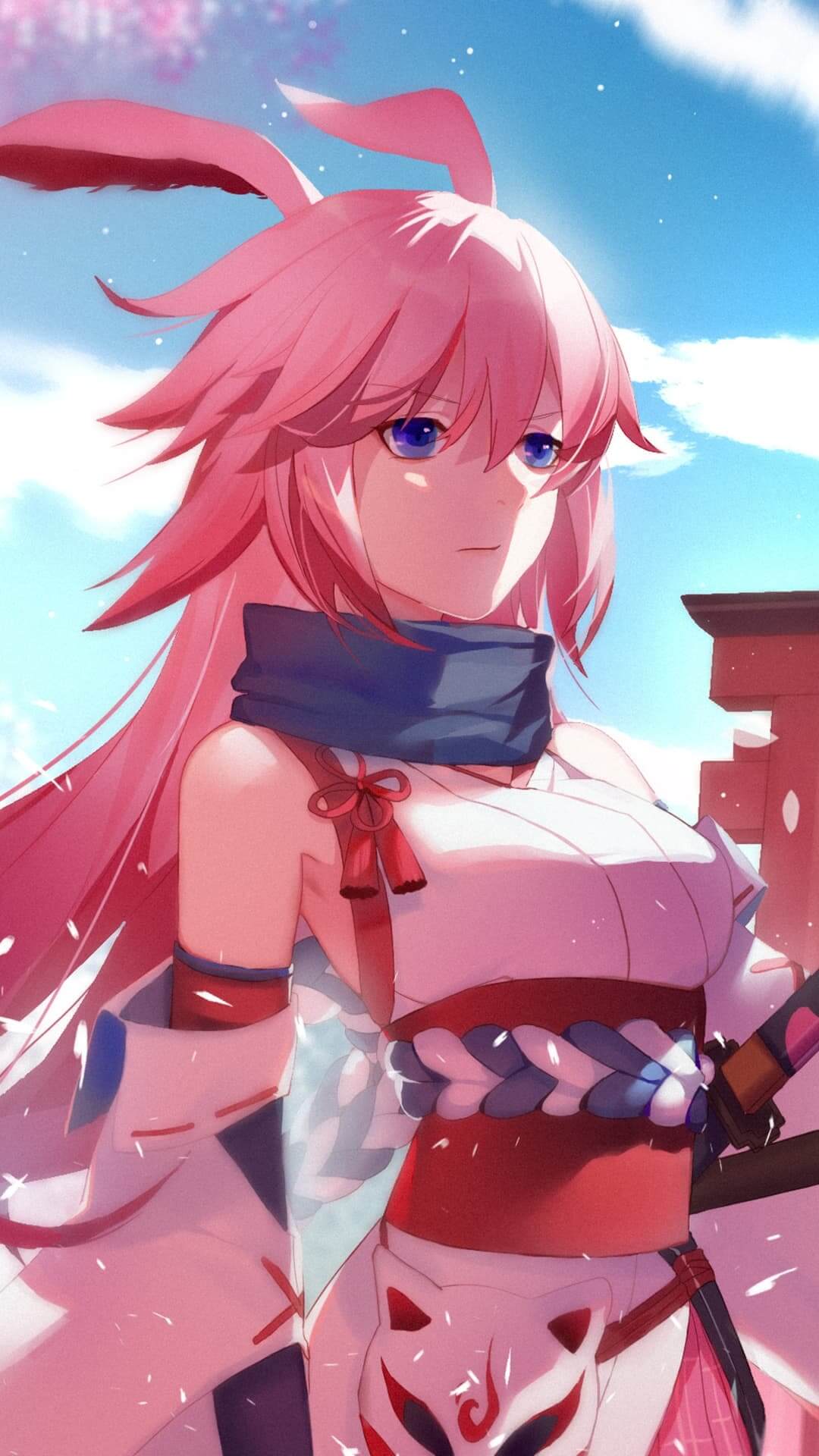 Pink-haired woman with rabbit ears, blue eyes, and traditional clothing. anime wallpaper, 4K