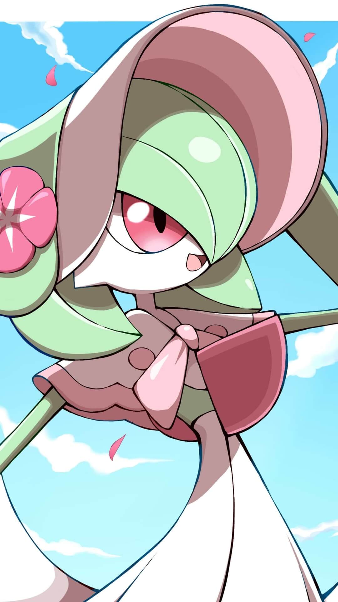 Pokémon Gardevoir with pastel colors against a blue sky and floating petals anime wallpaper, 4K