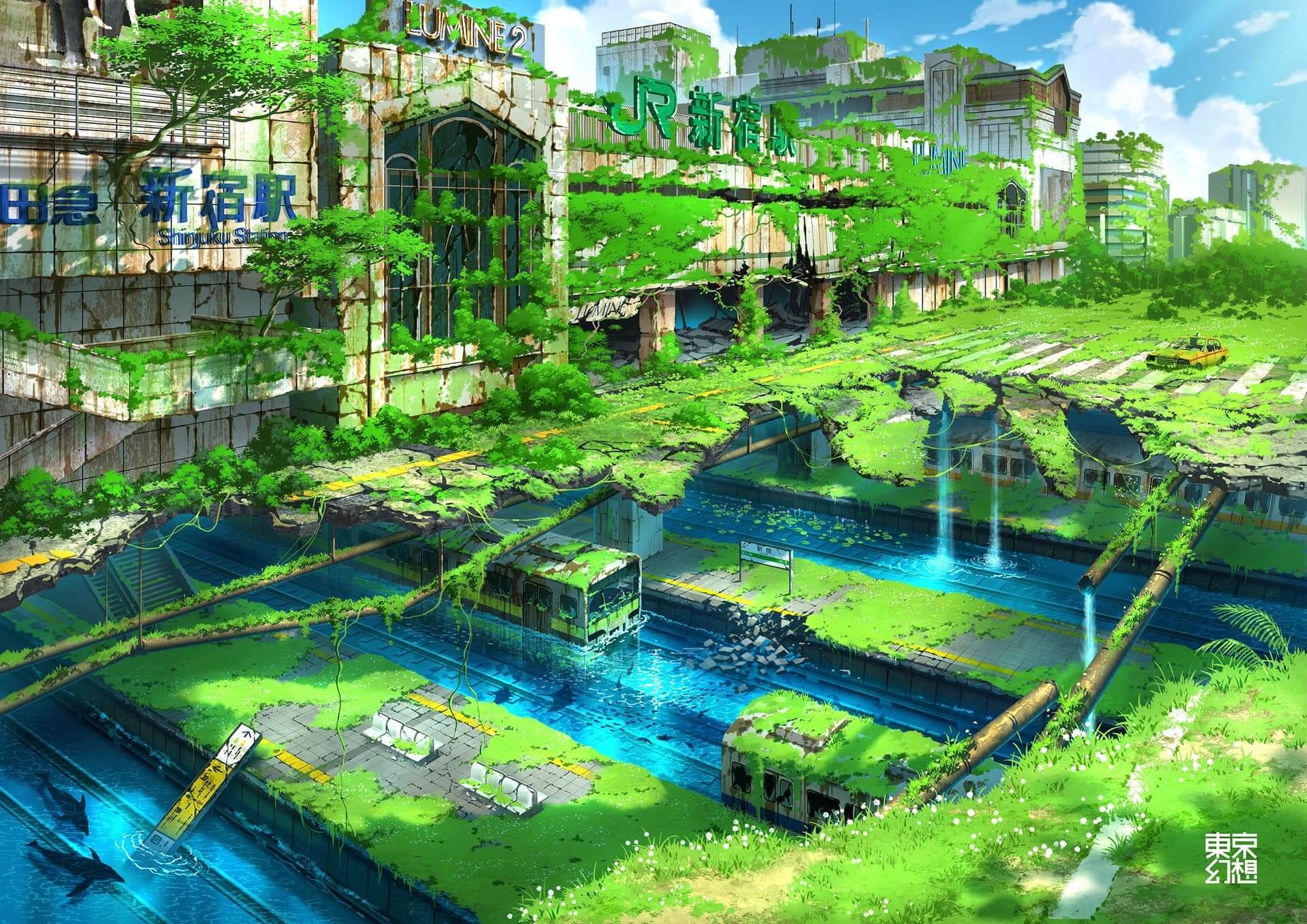 Post-apocalyptic city overgrown with nature anime wallpaper, 4K