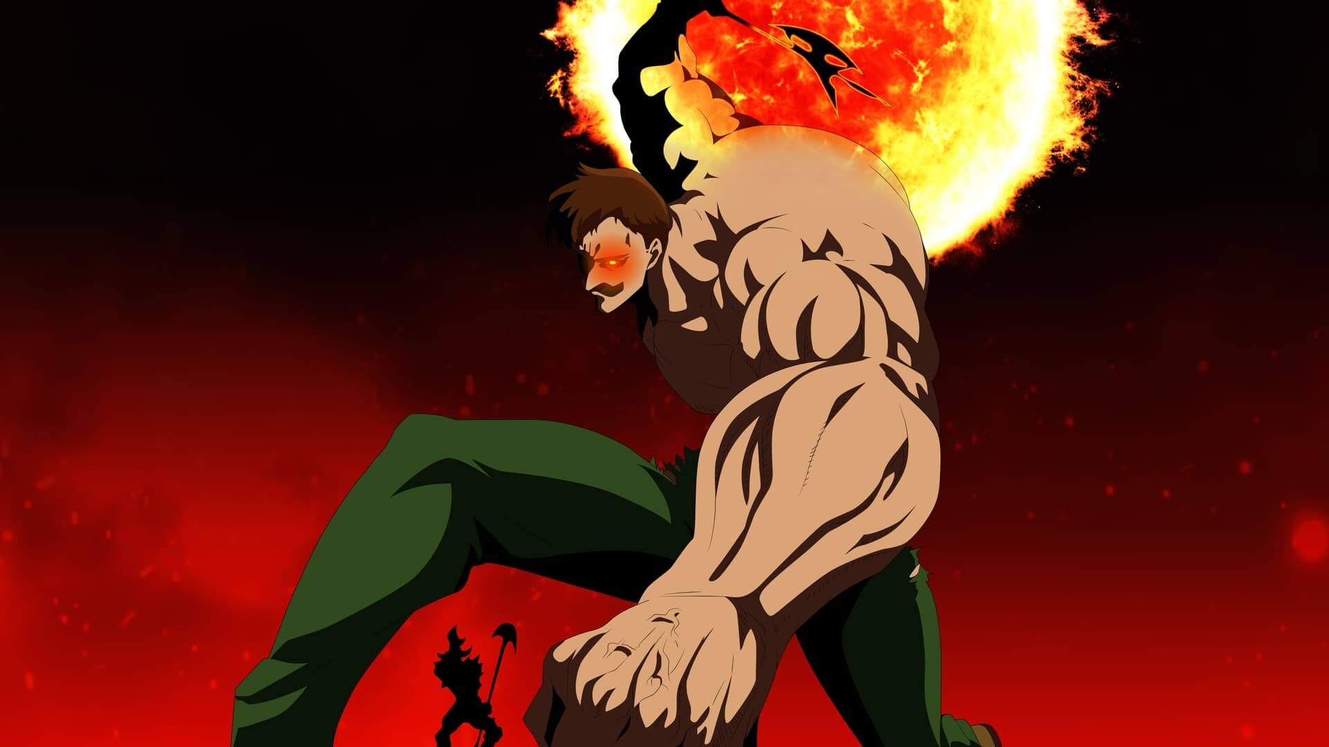 Powerful muscular figure with fiery background anime wallpaper, 4K