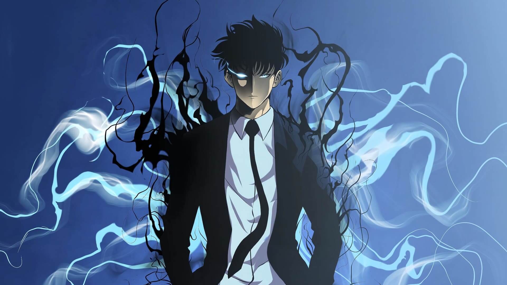Protagonist Sung Jin-Woo in a suit with glowing eye and dark aura anime wallpaper, 4K