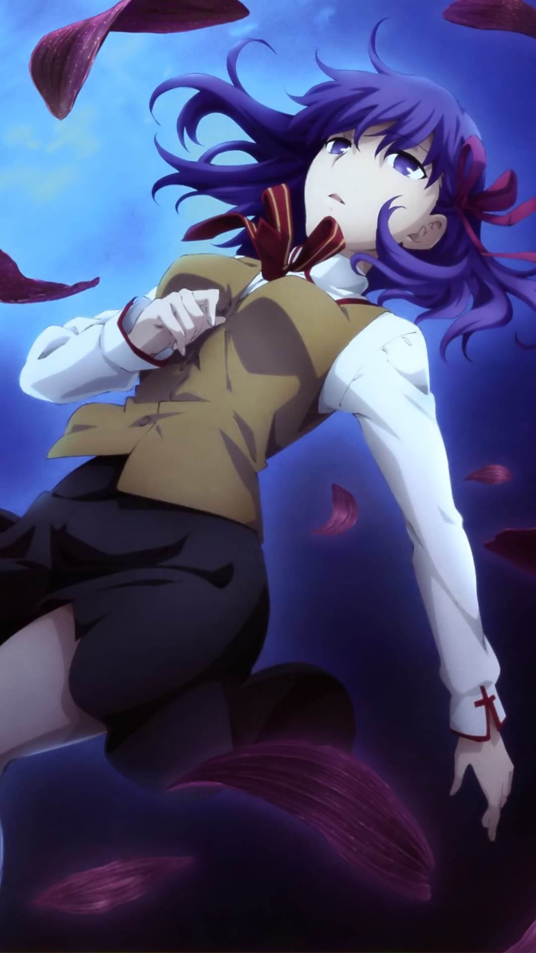 Purple-haired girl falling through the air anime wallpaper, 4K