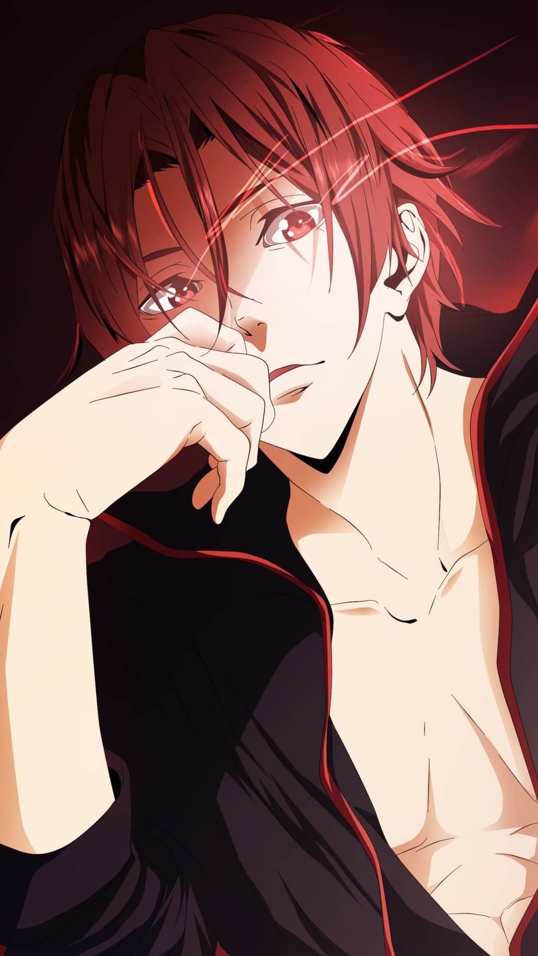 Red-haired anime character gazes intensely with hand near face, black jacket showing chest anime wallpaper, 4K