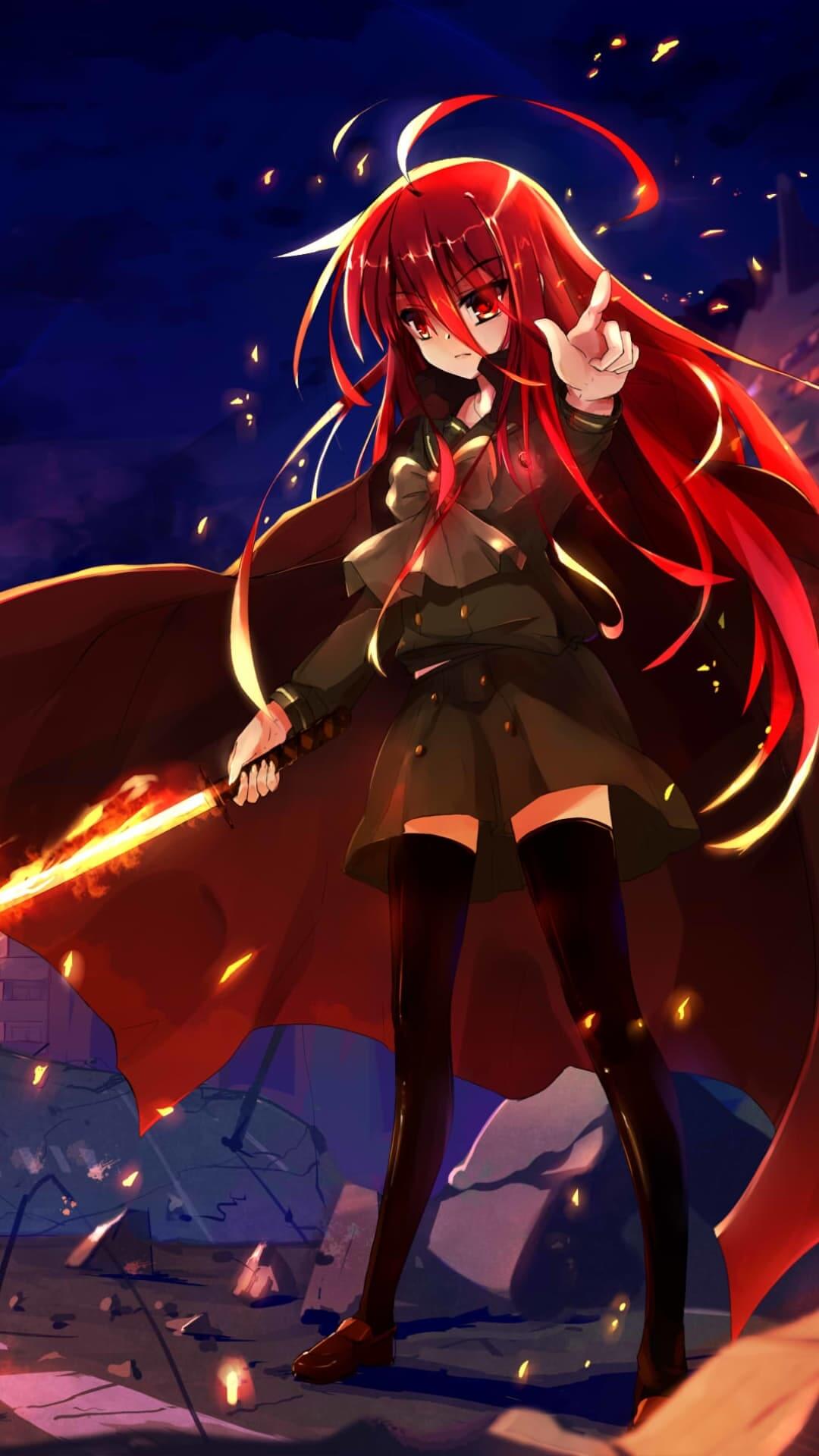 Red-haired girl wielding a fiery sword, standing amidst destruction anime wallpaper, 4K